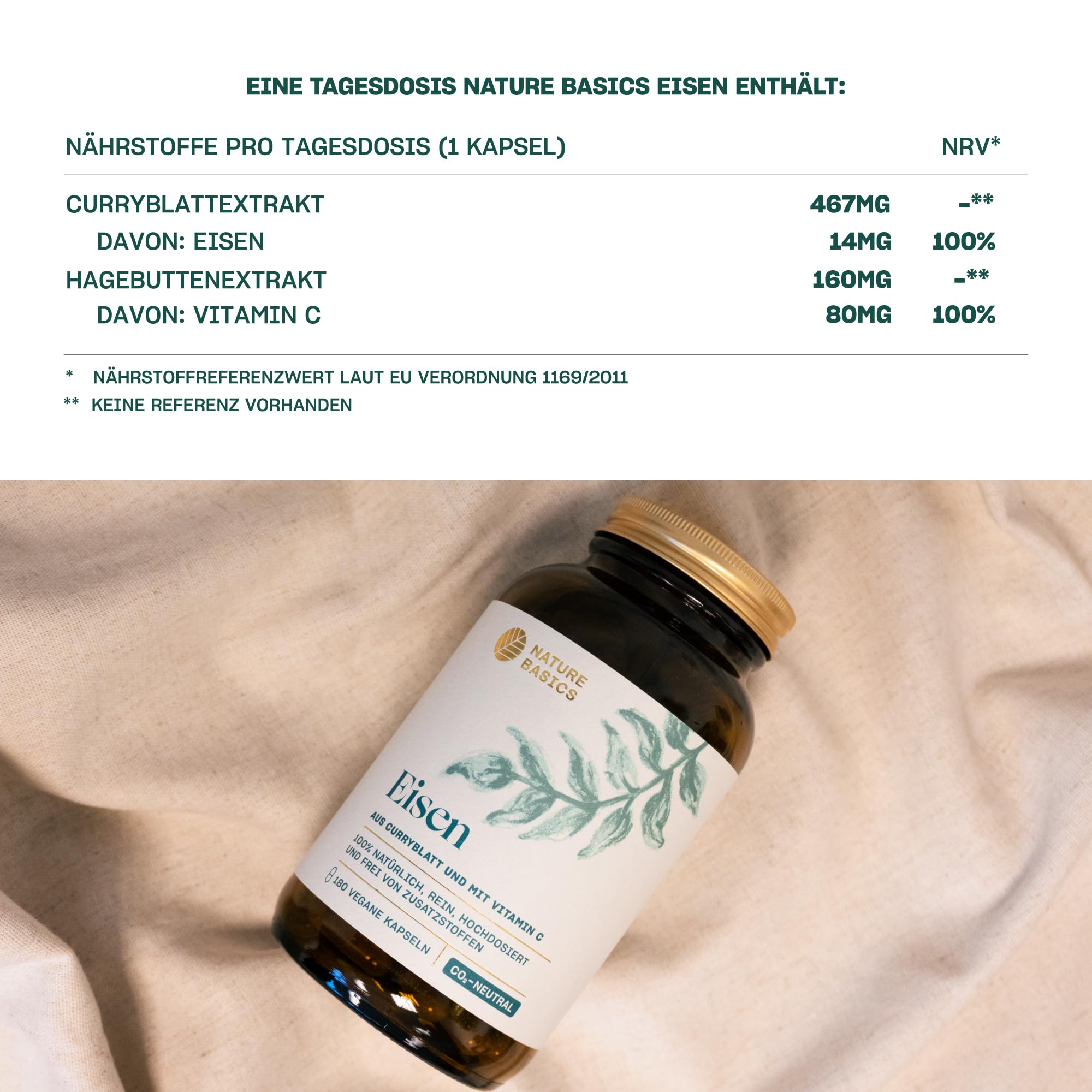 Nature Basics Eisen + Vitamin C | 180 Kapseln | Natürlich & vegan | Natürliches Eisen aus Curryblatt-Extrakt, Vitamin C aus Hagebutte, ohne Zusatzstoffe, in Deutschland hergestellt