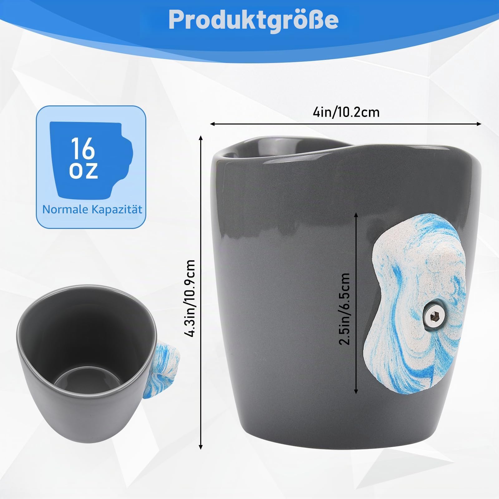 Rock Climbing Mug, Keramikbecher mit Klettertrainingsgriffen, Kletterhaltebecher mit sehr realistischen Klettergriffen, Blau-Weißer Griff, M1-BW