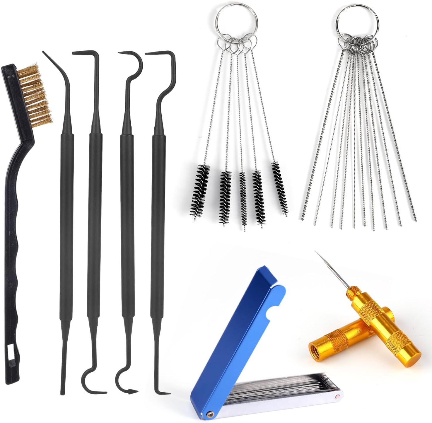 lasuroa Carburetor Cleaning Kit, Includes 1 Single Head Brush 23 Needles 5 Nylon Brushes 1 Scraper and 4 Cleaning Hooks for Motorcycle ATV Chainsaw & Welder