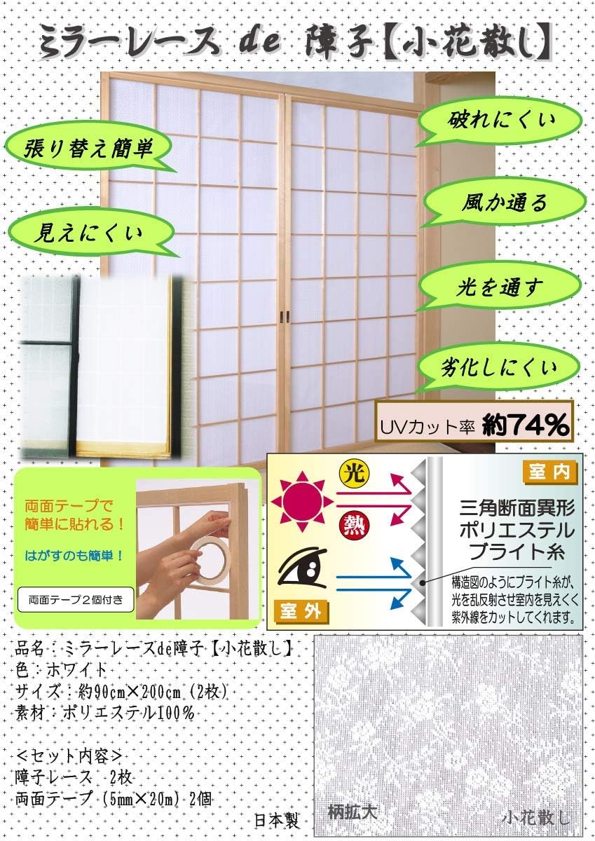 障子レース ミラーレースde障子 小花散し 驚きの価格が実現 専用両面テープ付 破れにくい 換気対策 明るい 劣化しにくい 風が通る