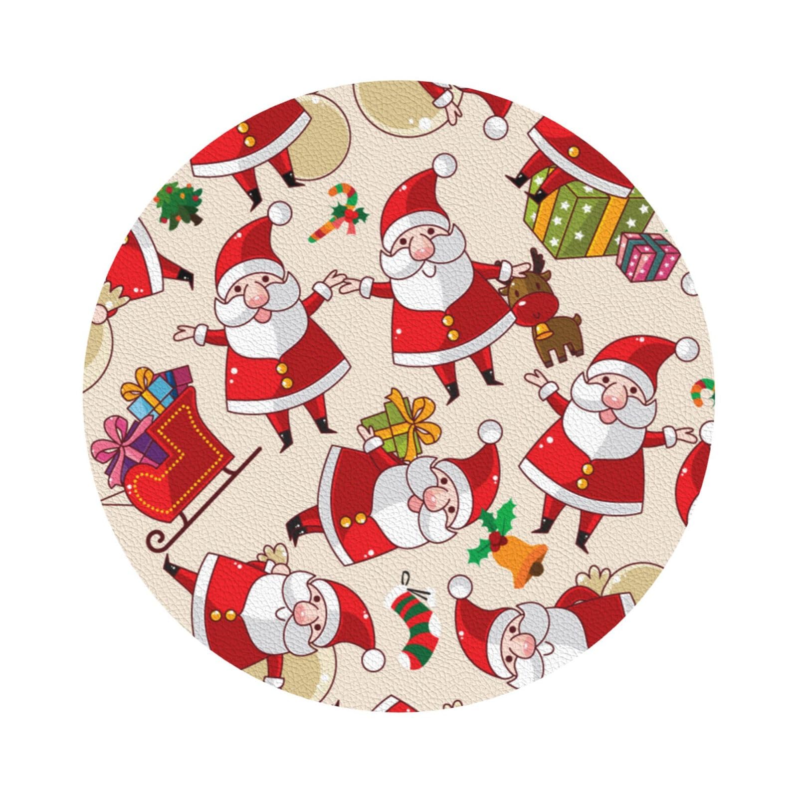 Christmas Cartoon Santa Claus PU Leather Coasters Set of 6 Round Drink Coasters