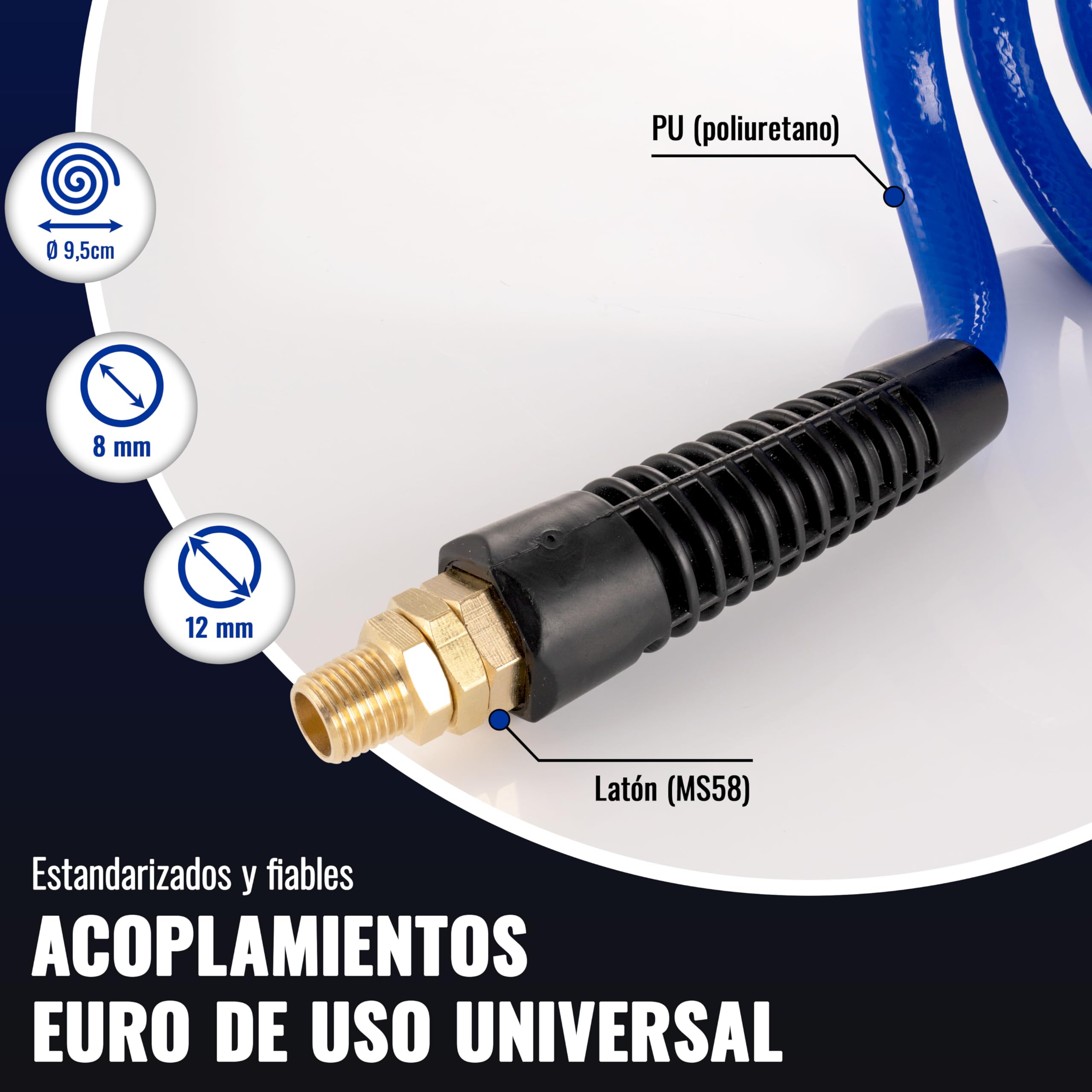 Poppstar Manguera en espiral de aire comprimido 5 m con Ø 8 mm x 12 mm, protección contra dobleces, racor giratorio G 1/4" rosca exterior