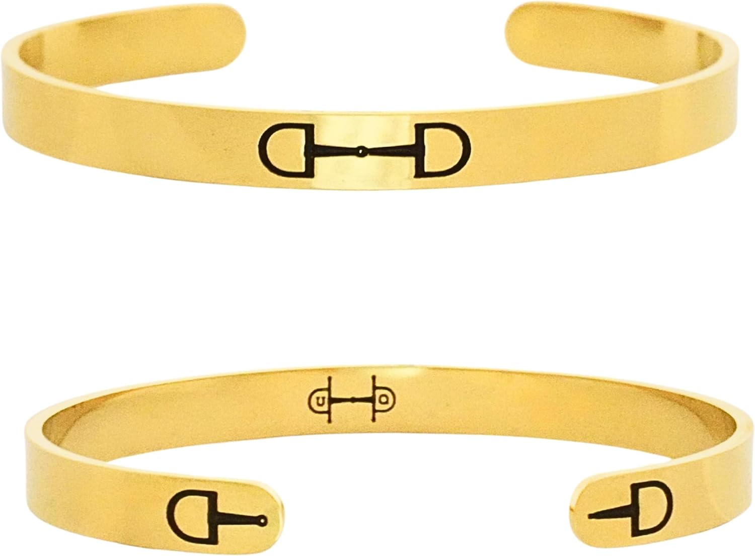 Minimalist Open Cuff Bracelets in 18K Gold, Silver or 18K Rose Gold. Engraved Stainless Steel Horse Bangle. Slim, Stackable, Adjustable XS–XL. Unisex. In Giftable Cotton Pouch