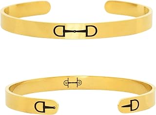 Minimalist Gold Horsebit Cuff Bracelet for Women, 18K Gold Plated Stainless Steel Open Bangle, Snaffle Bit Engraved Horse Jewelry, Stackable Adjustable XS–XL, Unisex