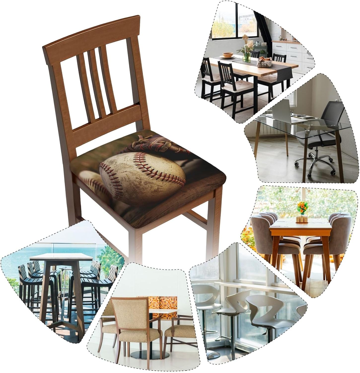 Retro Baseball Print Square Cushion Covers 6 Pcs Set Elastic Non-Slip Seat Cushion Slipcovers Pet Furniture Protectors for Chair, Sofa
