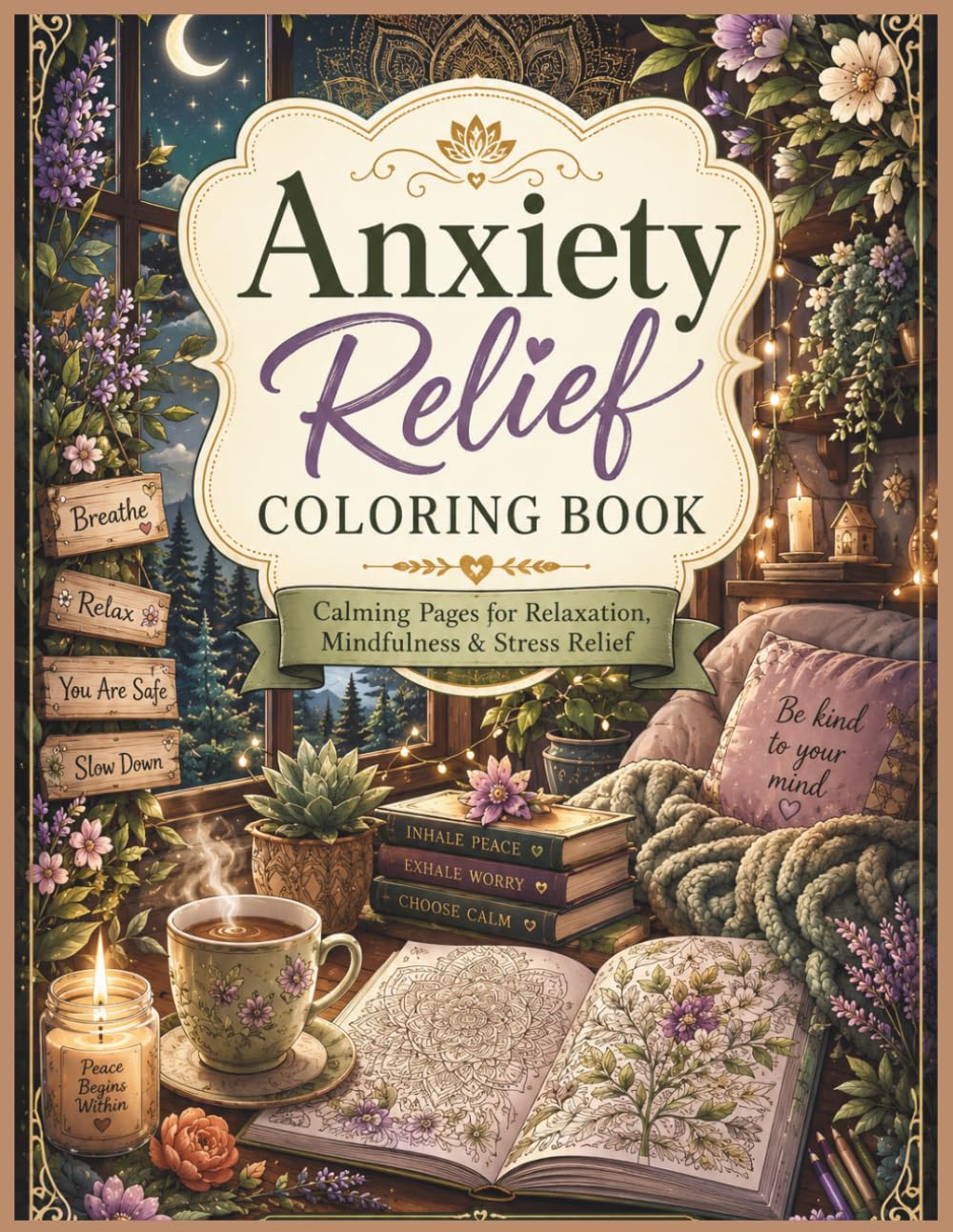 Anxiety Relief Coloring Book for Adults and Teens: Cozy Nature Scenes, Relaxing Patterns, Mandalas and Mindful Pages for Stress Relief and Relaxation: Calming Coloring Pages with Flowers, Cozy Spaces,