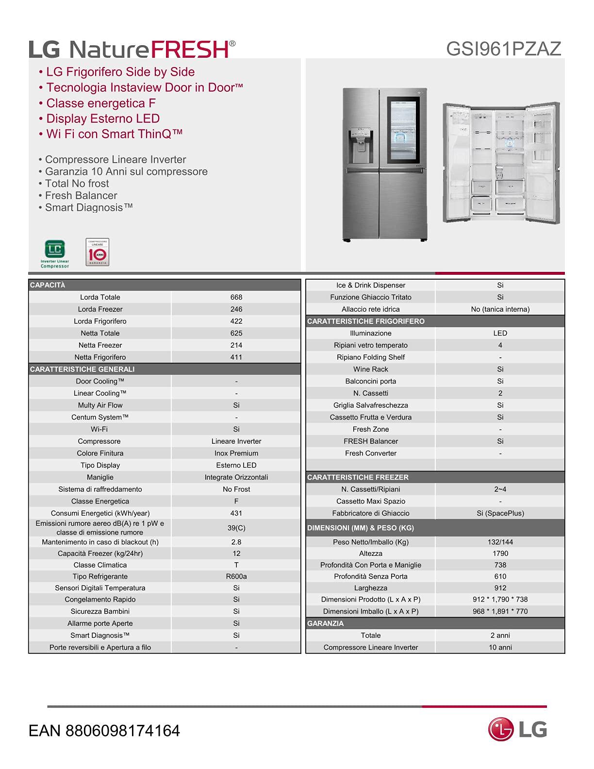 LG GSI961PZAZ Frigorifero Americano Side by Side InstaView Total No
