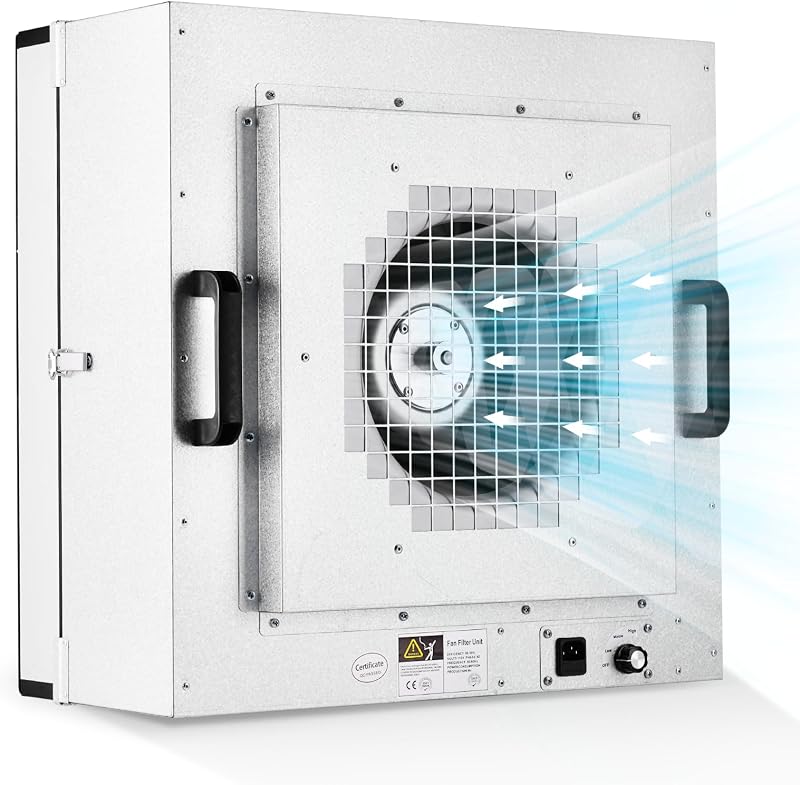 YJINGRUI Campana de flujo laminar, filtro HEPA H-14 con cerraduras de seguridad, limpieza clase 100/ISO clase 5, unidad de filtro de ventilador de 22.6 x 22.6 pulgadas, campana de flujo Micología/sala limpia/laboratorio 110 V