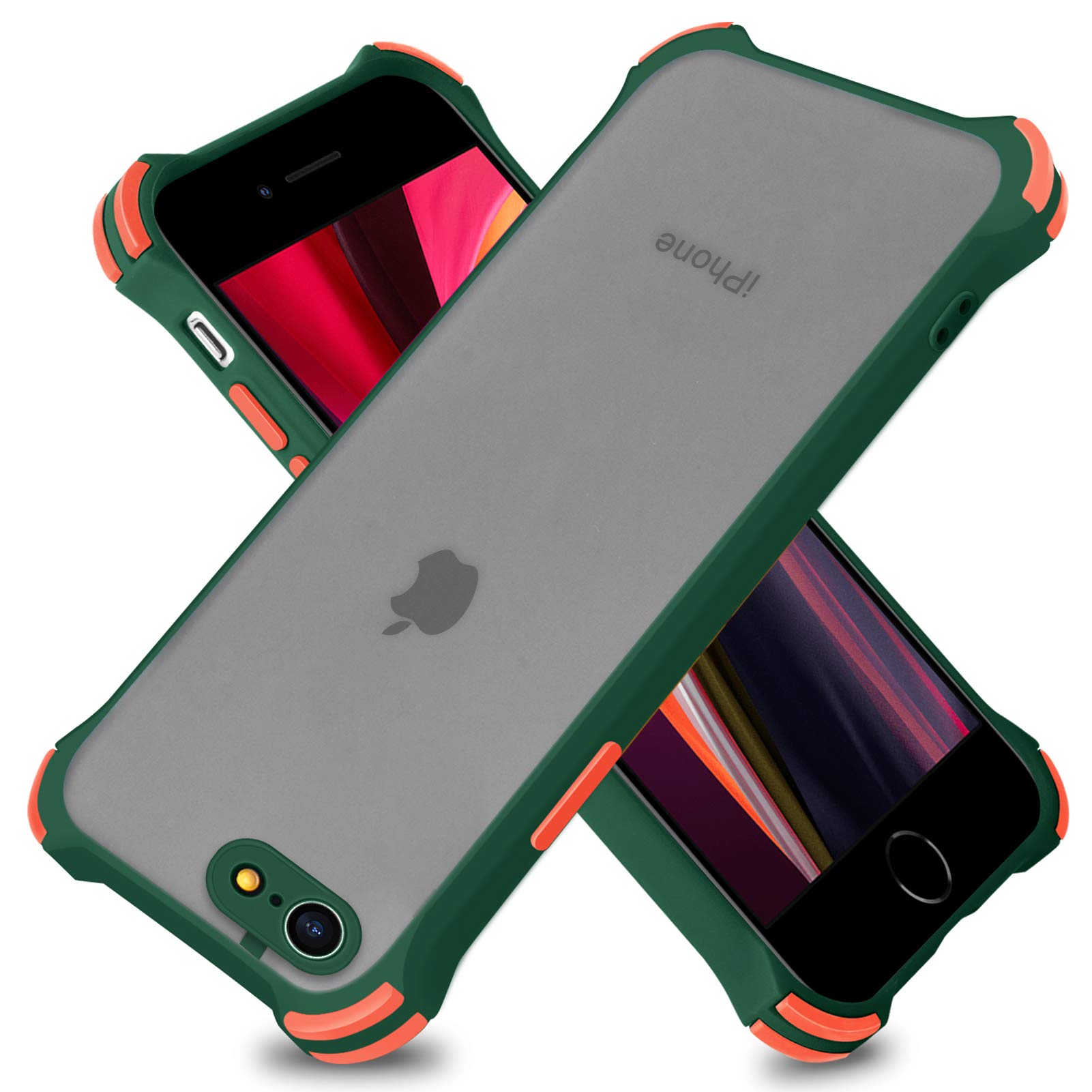 iPhone 7/8/SE 2020 Case, Camera Lens Protective Half Clear Matte Hard with 4 Corners Shock Skid Proof Scratch-Resistant PC+TPU Protection Cover Case for iPhone 7/8/SE 2020 - Dark Green/Orange
