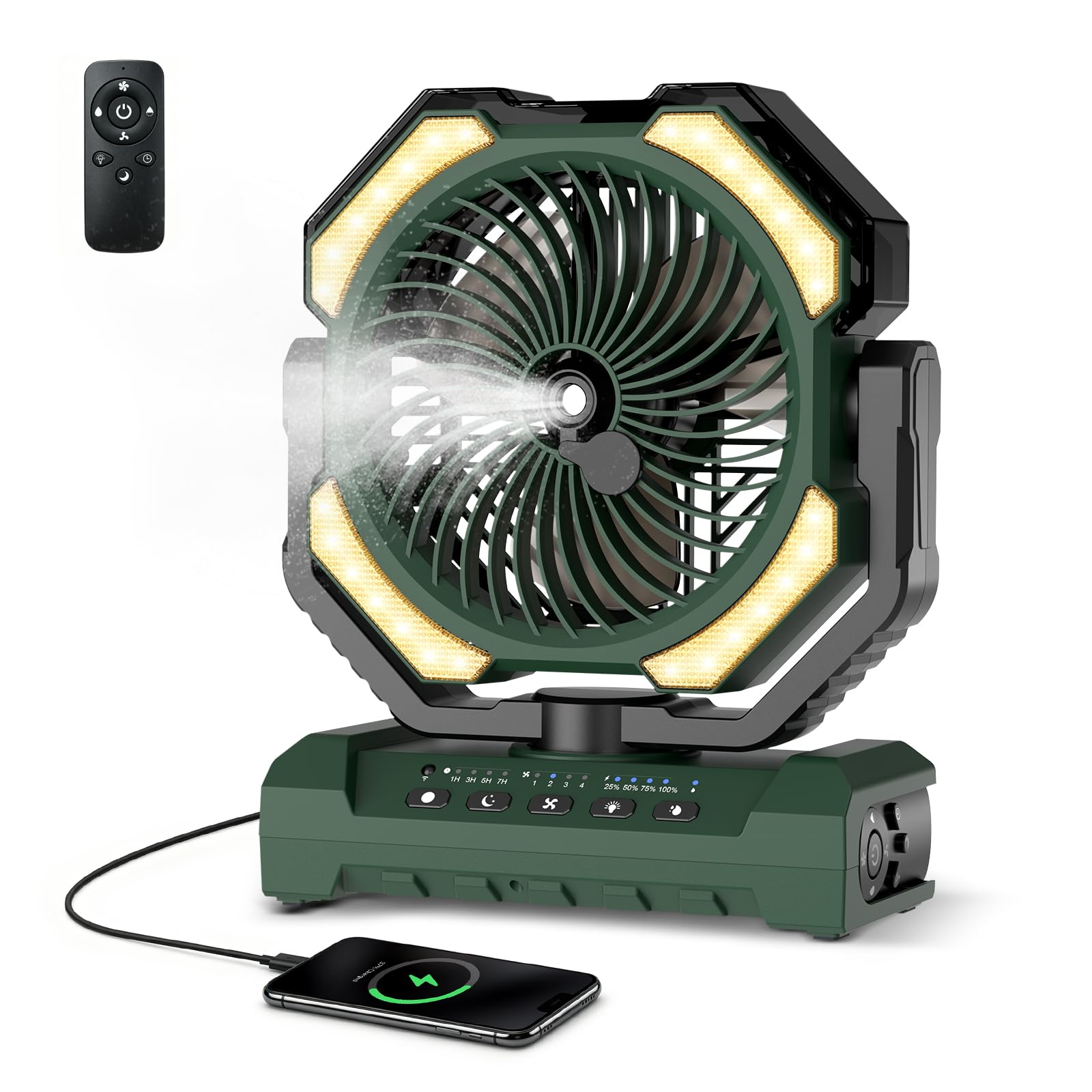 Ateroll Camping Ventilator mit Sprühkühlung，Akku 20000 mAh & Fernbedienung, 250ml Tank, LED Licht, Aufhängehaken für Zelt, Outdoor, Zuhause, Terrasse, Reisen