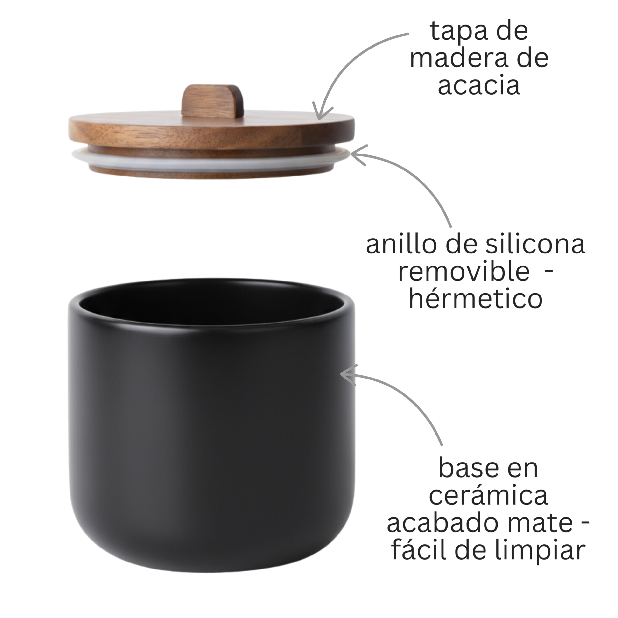 Kook Time Salero de Cocina de Cerámica CURVE - Bote Hermético con Tapa de Madera de Acacia. Tarro Multiusos para Sal, Azúcar o Especias. Diseño Nórdico Moderno. 11.5 x 12 cm. - Negro Mate - 2