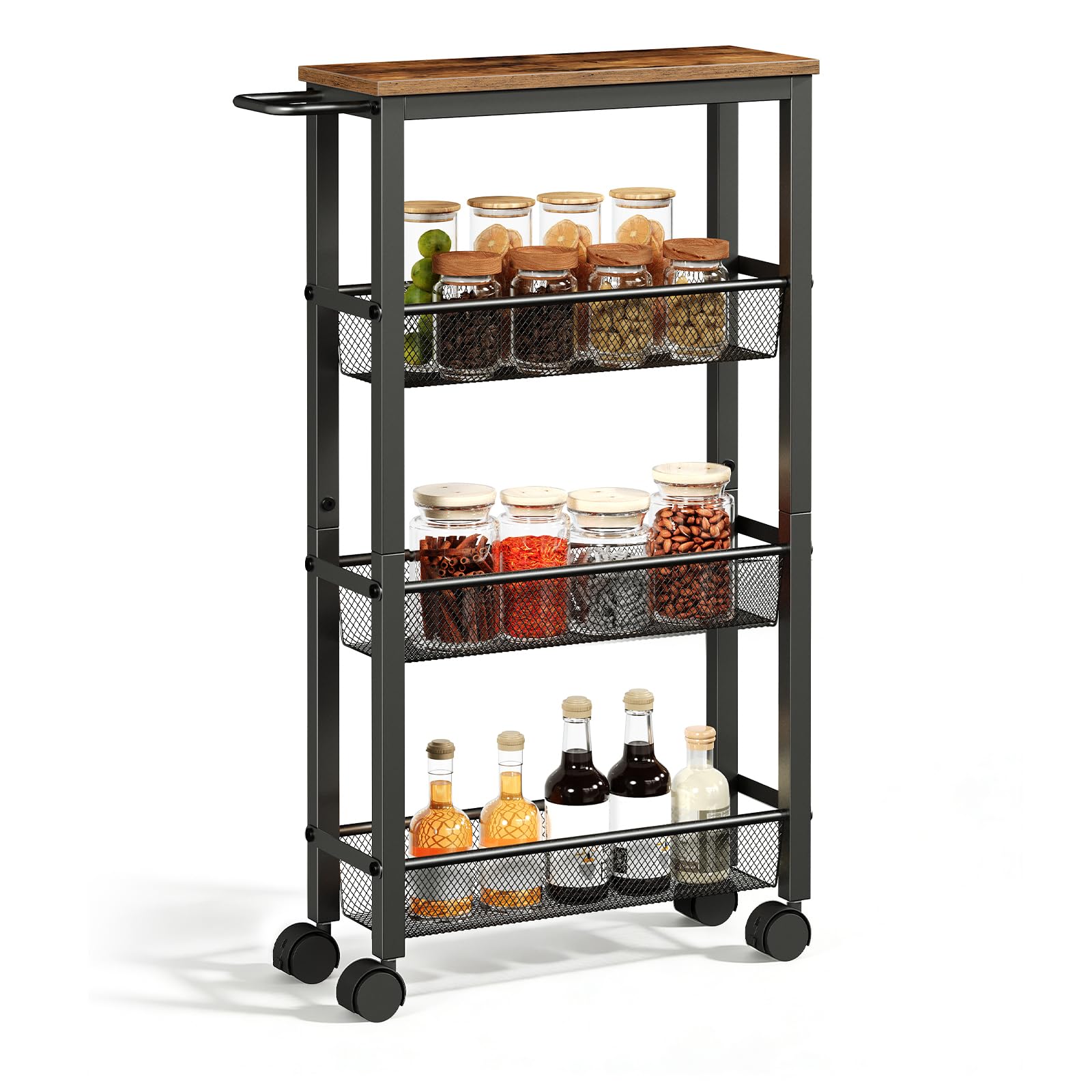 HOOBRO 4-stöckiger Servierwagen mit Rollen und Verstellbaren Füßen, Rollwagen mit Zaun, Küchenwagen, Küchenregal, Barwagen, für Küche, Wohnzimmer, Badezimmer, Schwarz und Vintagebraun EBF71TC01