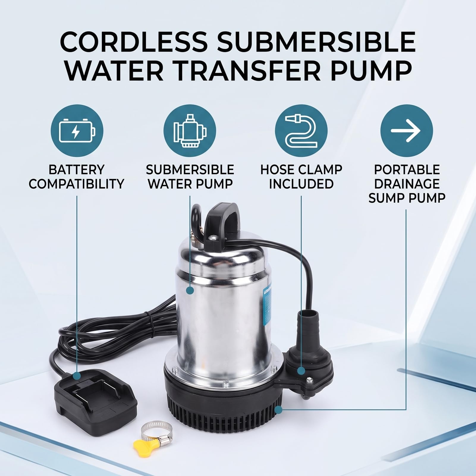 Luocute Bomba de Agua Sumergible Inalámbrica para Baterías, 1003 GPH | Bomba de Transferencia con Cuerpo de Hierro ABS, Cabezal Máximo de 39 Pies, para Agua Limpia y Sucia, Uso en Sótanos de