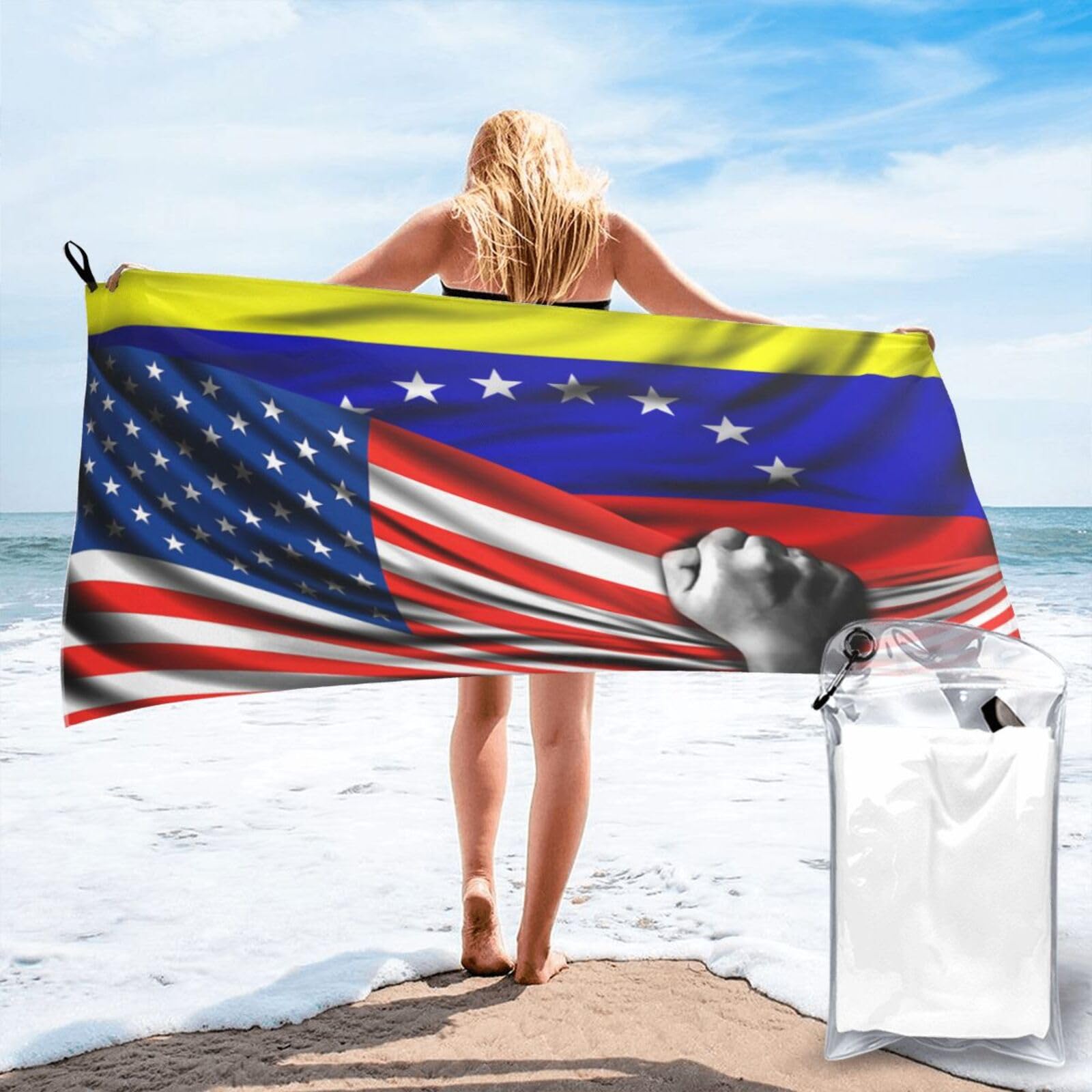 HACXZ Beach Towel America Flag and Venezuela Flag Microfiber Beach Towel Lightweight Absorbent 31.5"X63"