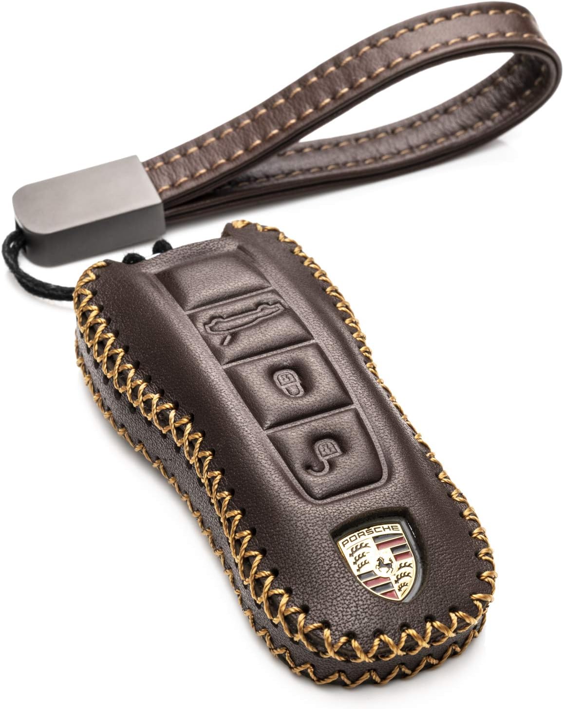 Vitodeco Genuine Leather Smart Key Fob Case Cover Protector with Leather Key Strap Compatible for Porsche Cayenne, Macan, Panamera, 718, 911, Taycan 2020 - 2026 (3-Button, Brown)