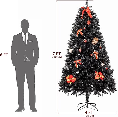 Miniatura 3 de 7FT Black Christmas Tree, Fake Hinged Christmas Tree with 1500 Branch Tips and Foldable Metal Stand, Holiday Time Xmas Tree for Home, Office,