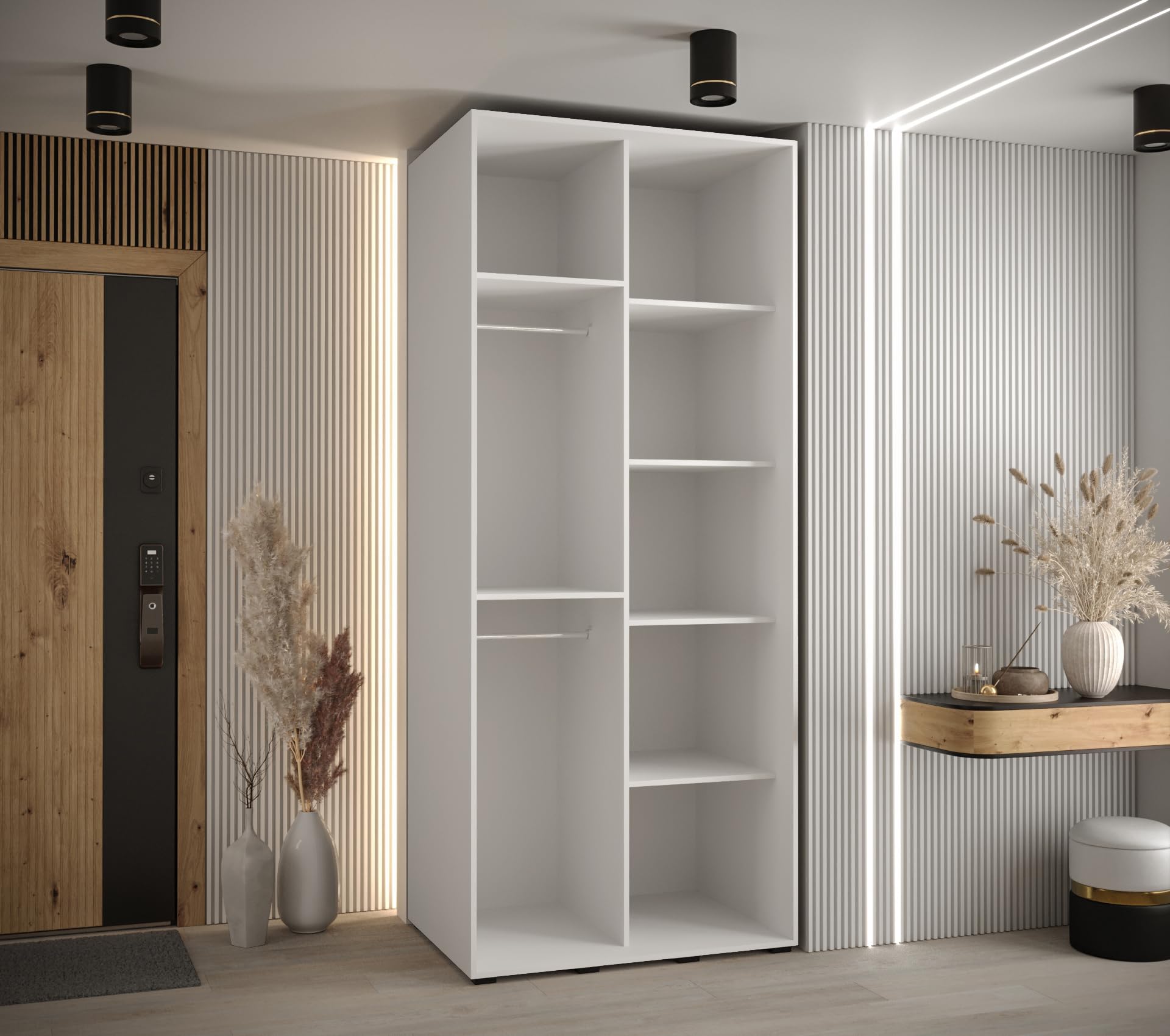 ABIKSMEBLE Davos 1 110 Armario Correderas Doble para Dormitorio - Armario Moderno, Barra y Estantes - 235,2x110x60 cm Blanco Blanco Plateado
