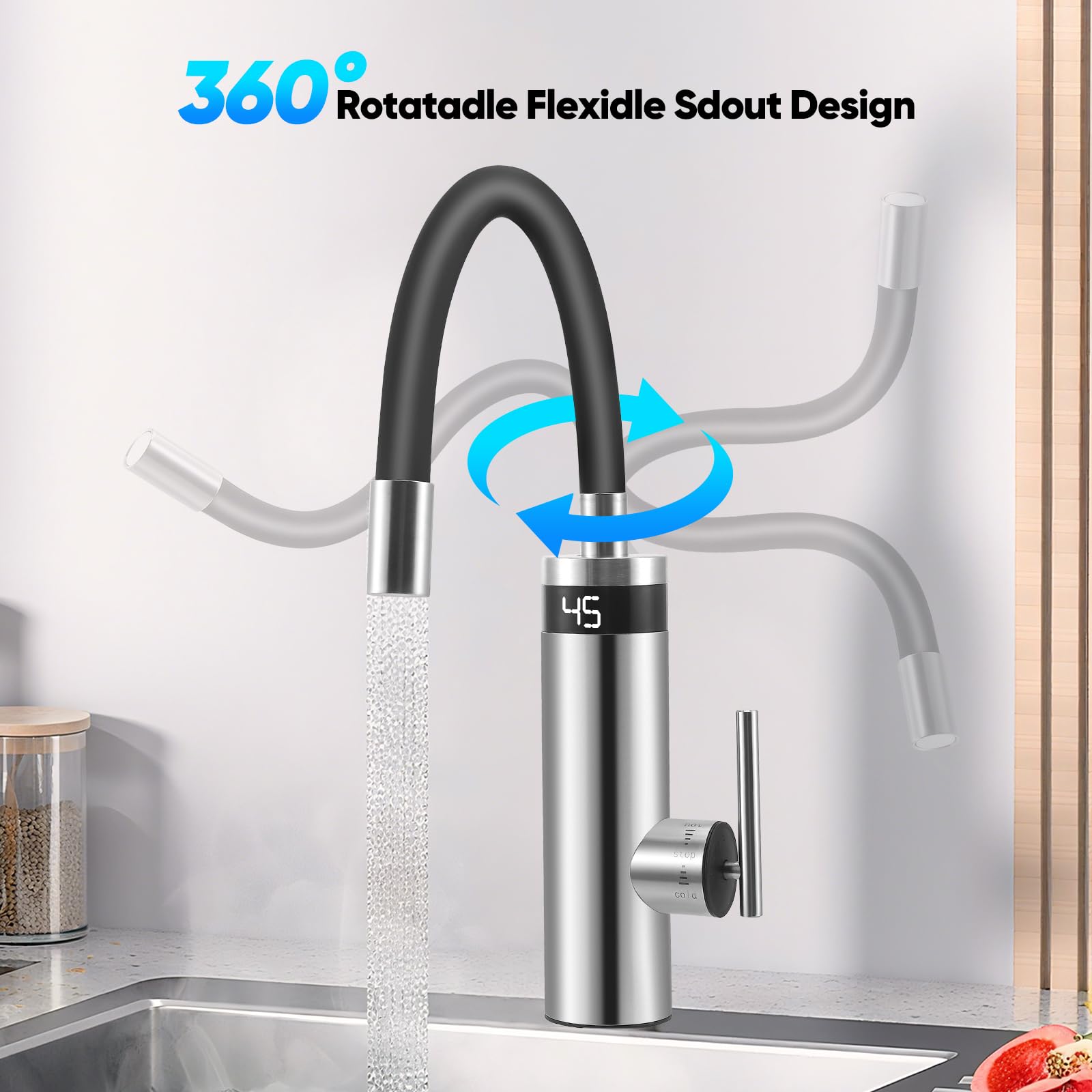 Robinet électrique 3000W avec Chauffe-Eau instantané 360° pivotant Acier Inoxydable Cuisine Affichage LED température Eau Chaude immédiate mitigeur Chauffant pour Camping