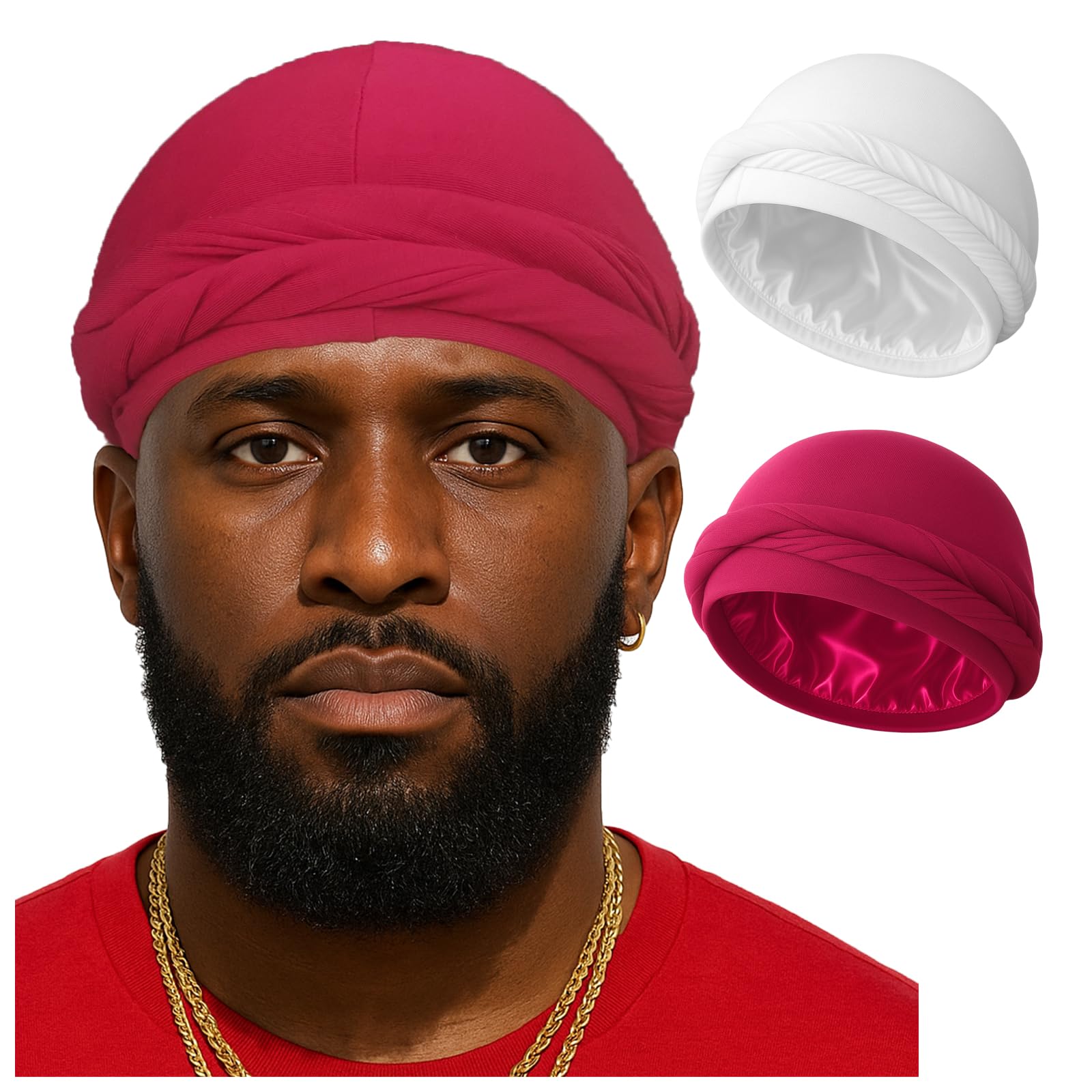 Upgraded Halo Turban Durag for Men &Women, Pre-Tied Skull Cap, Hair Loss Hat Silk-Lined Headwraps, Sleeping Bonnet (L,White+Burgundy)