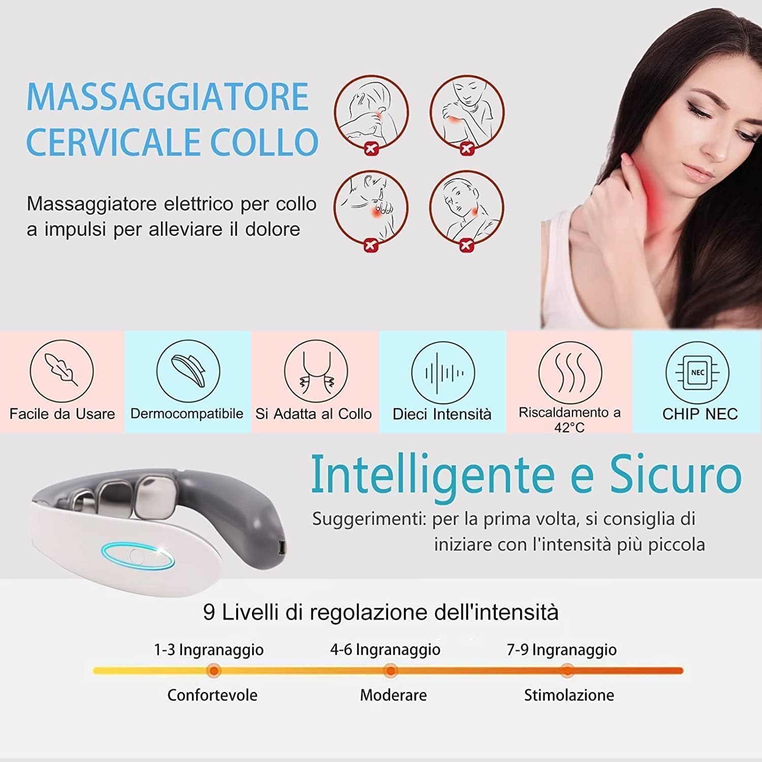 Masseur Cervical Portable, Chaleur 42°C, 5 Modes 9 Intensités, Appareil Massage Électrique Cou Nuque Épaules, pour Maison Bureau Voyage