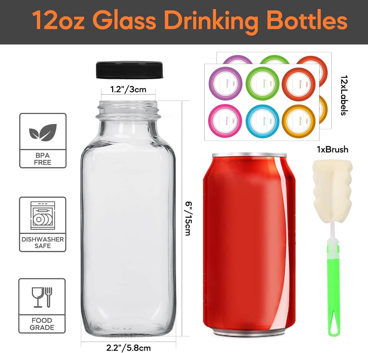 STARSIDE 12 oz Glass Juice Bottles with Lids 12 Pack - Square Reusable Drinking Jars for Juicing, Milk, Kombucha - Includes 1 Bottle Brush, 12 Colored Labels thumbnail