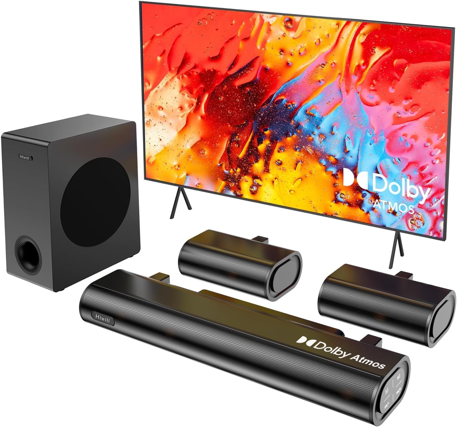 Hiwill A51 Dolby Atmos 5.1ch Soundbar System components: soundbar, subwoofer, two surround speakers, and a television.
