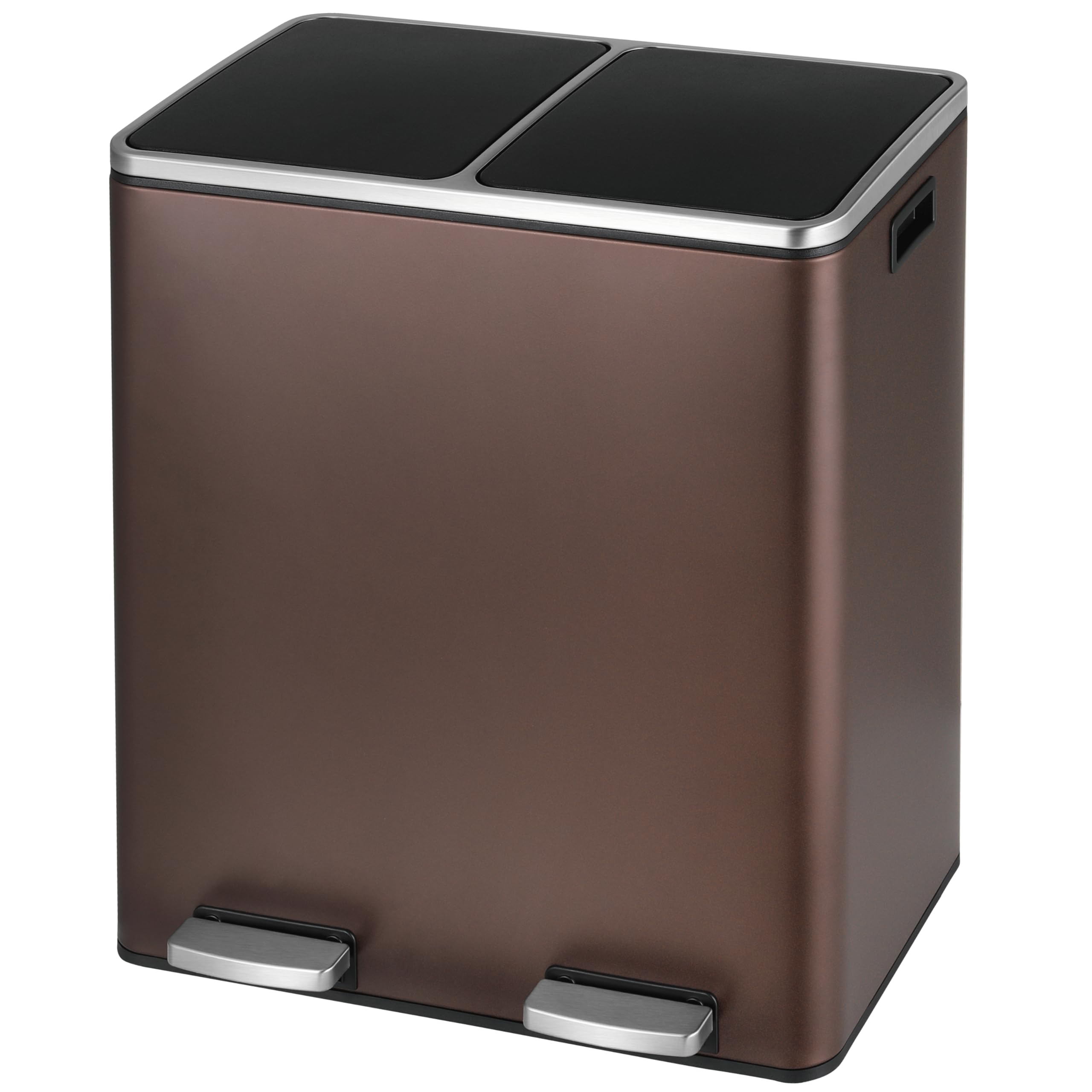 Arlopu 16 Gallon Stainless Steel Trash Can, 60L Dual Compartment, Metal Kitchen Step Recycle Bin, Metal Double Dustbin, in-Home Garbage Rubbish Can W/Removable Liner Buckets, (Bronze Brown)