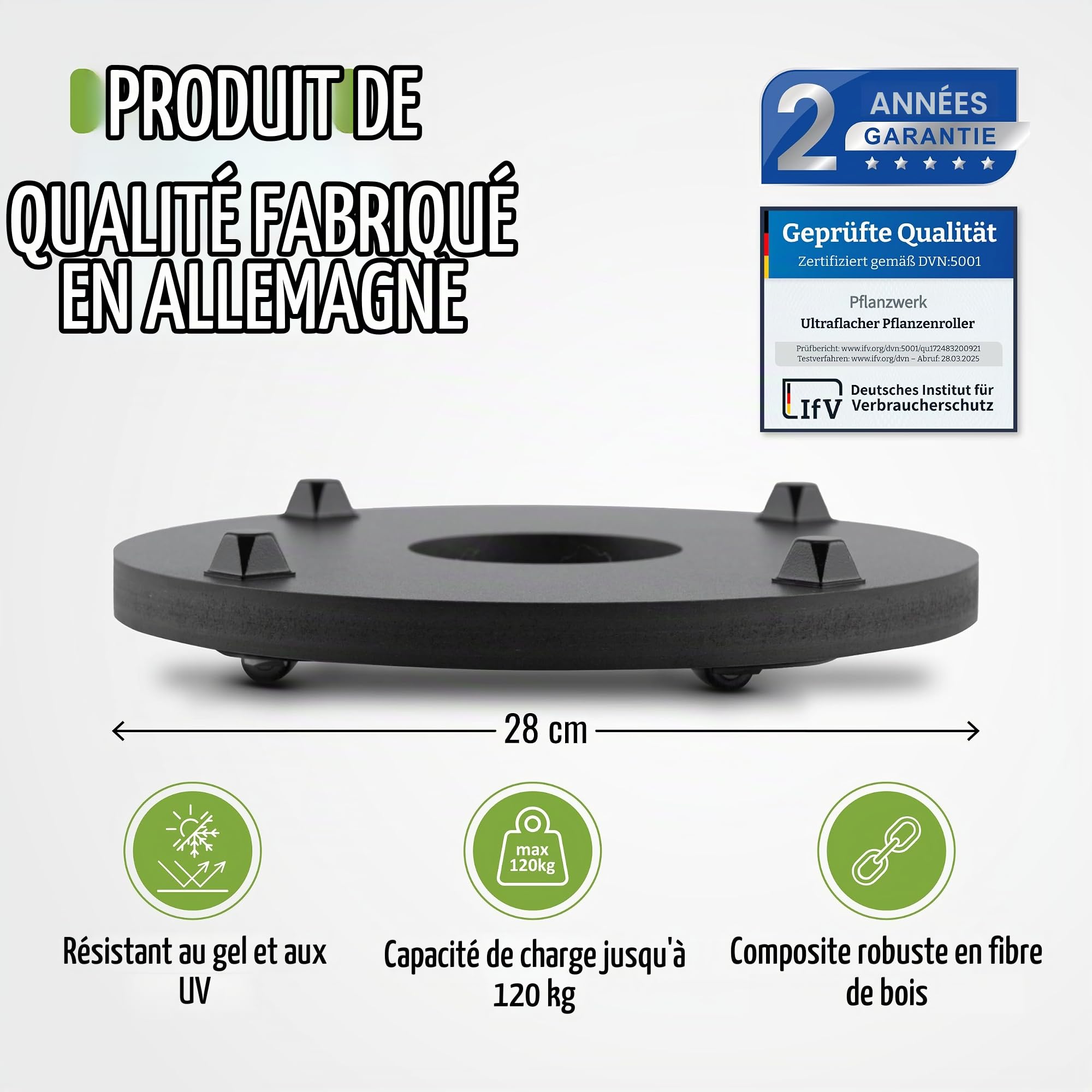 Pflanzwerk® Jardinière Porte Plantes*ULTRAPLAT Designer sous-vases à roulettes* Ø28cm pour Tous Les Pots et bacs à Fleurs *Design breveté* *capacité de Charge 120KG* *Made in Germany*