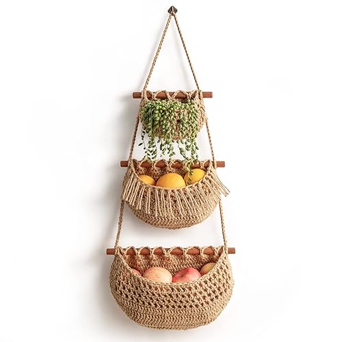 Hanging Fruit Basket, 3 Tier Over the Door Organizer, Handmade Woven Jute Wall Baskets for Organizing, BOHO Decor, Storage for Kitchen, Living & Bathroom Bedroom. - Jute
