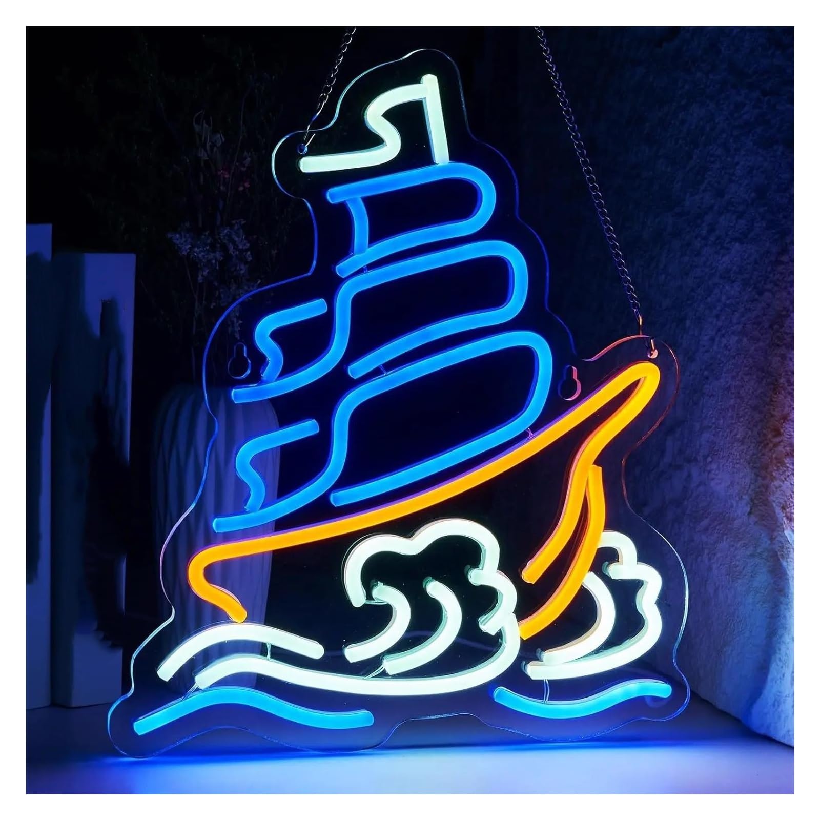 LEMST Signs Lamp Boat Neon Sign for Wall Decor Wave Neon Light Sign USB Night Light Adjusting Bright for Room Bedroom Home Decor 36.3x33cm