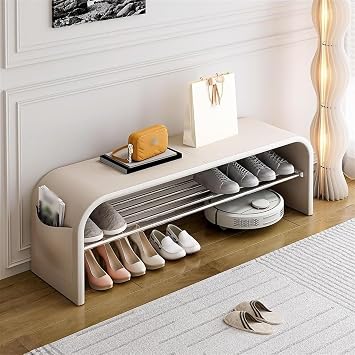 Entryway Shoe Bench with Shelves Modern Leather Arched Bench for Living Room, Front Door, Or Bed End, Stylish Shoe Rack Bench with Storage, for Small SpacesWhite,39.4in