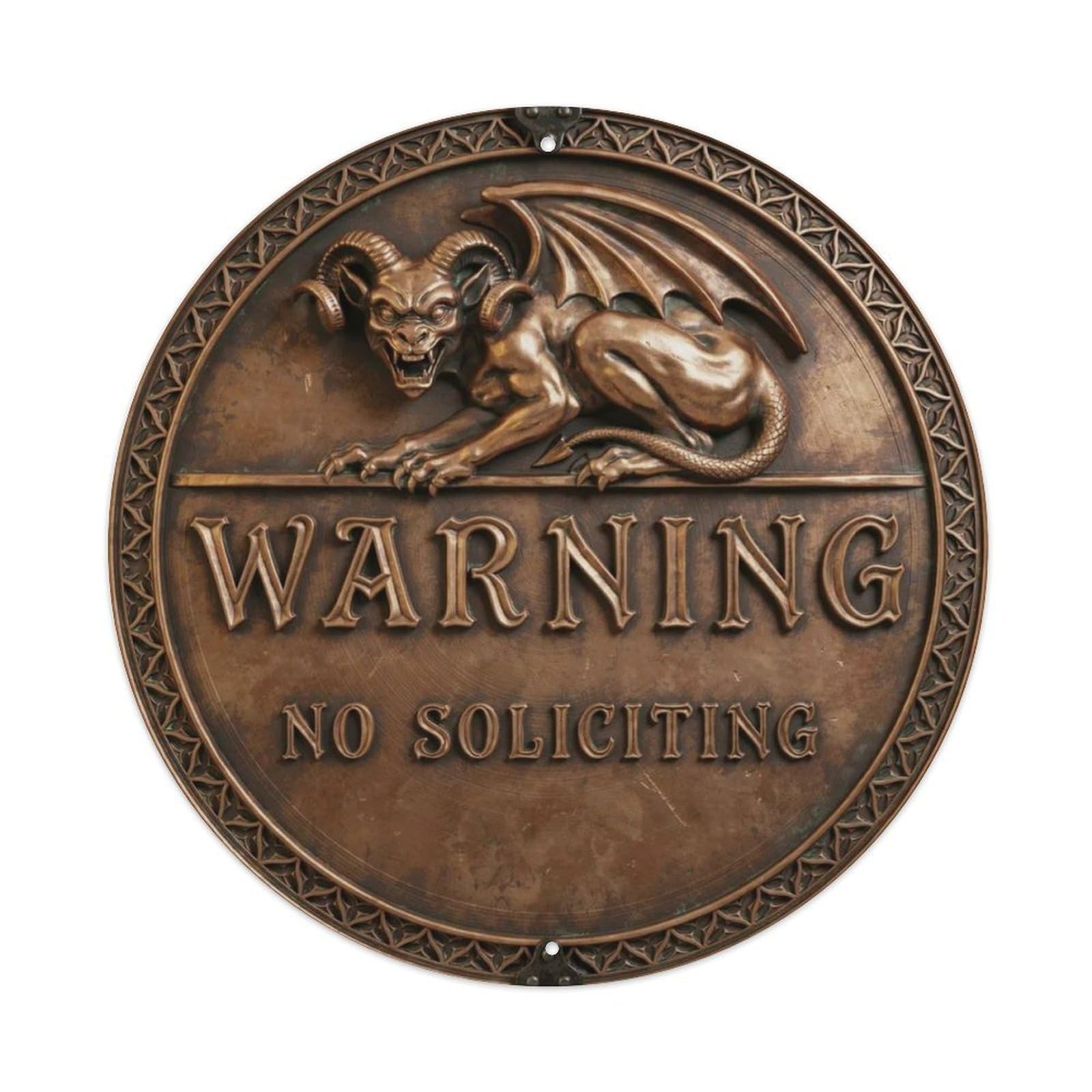 Gothic Brass Gargoyle Beware Of Guardian Round Metal Tin Sign Plaque
