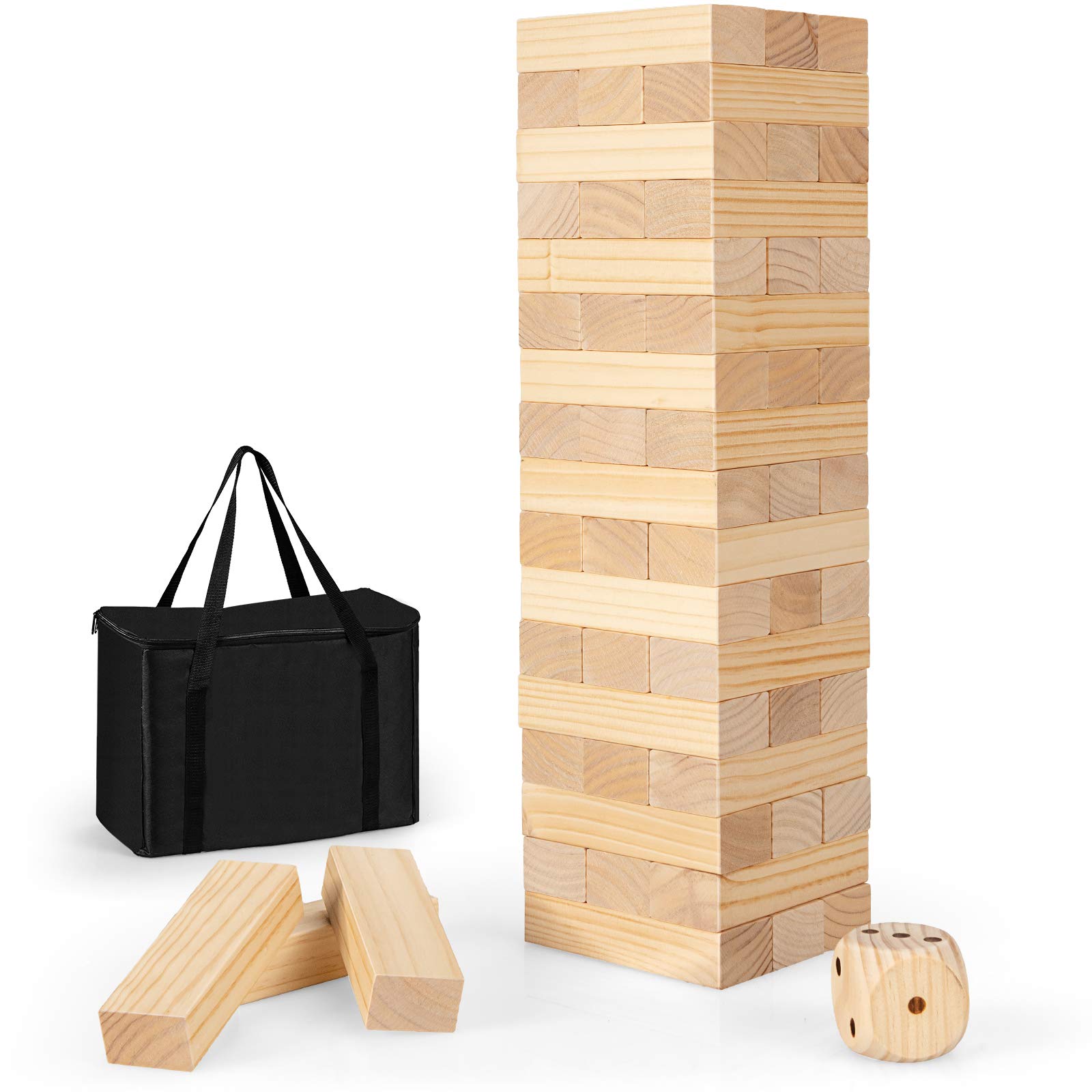 Costzon Giant Tumbling Timber Toy, 54 PCS Wooden Block Stacking Game w/ Convenient Carrying Bag, Att