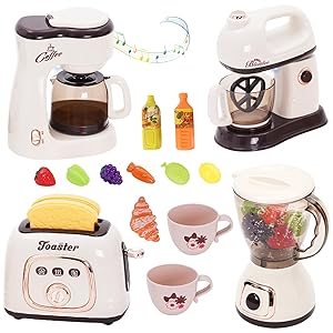 Juego de utensilios de cocina para niños con cafetera, batidora y tostadora, accesorios de cocina para niños, juguetes, cocina, alimentos, con luz y sonido, juegos de rol, regalos para niñas y niños a
