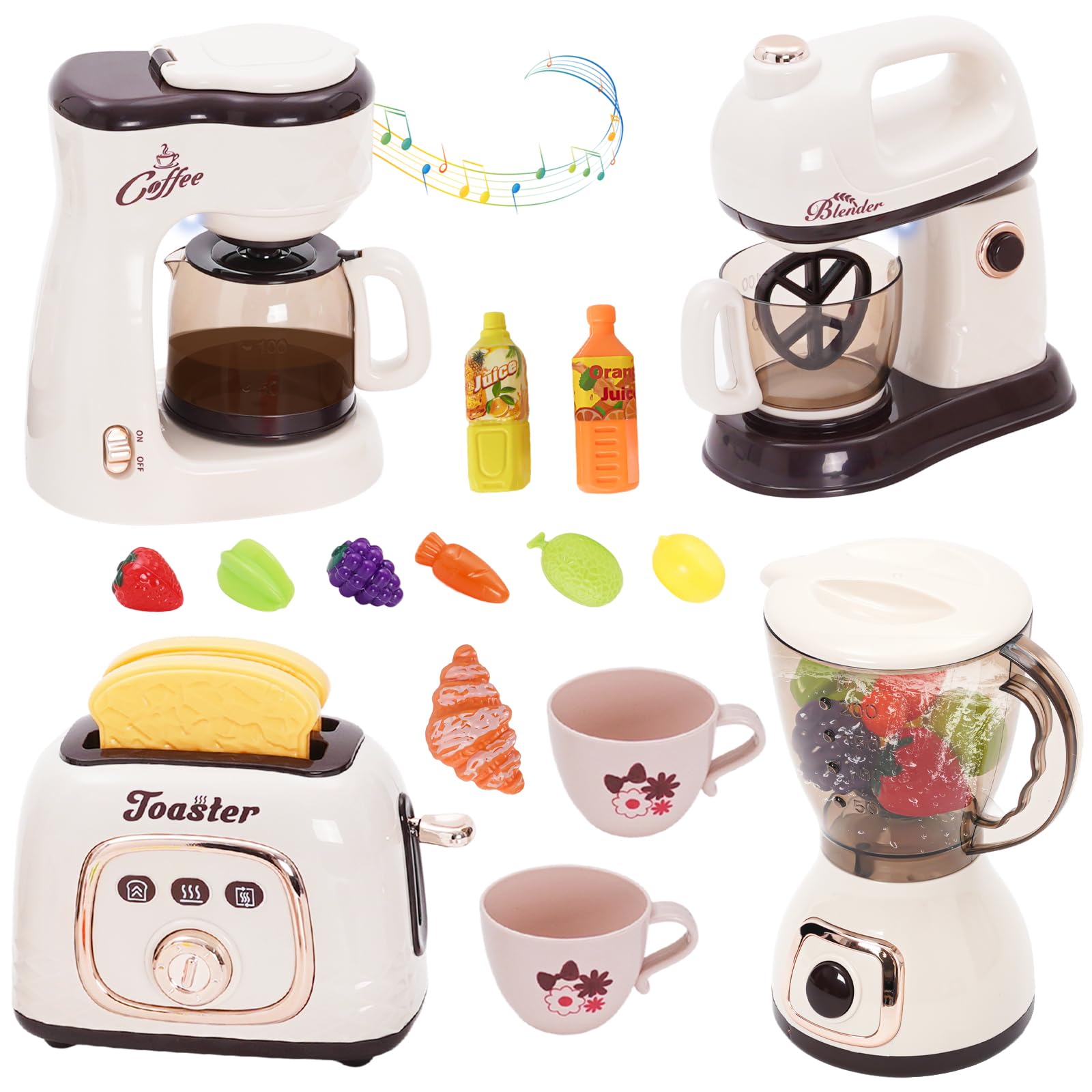 Set de utensilios de cocina para niños con cafetera, licuadora, tostadora, batidor, accesorios para cocina infantil, juguetes, juego de cocina, alimentos con luz y sonido, juegos de roles, regalos