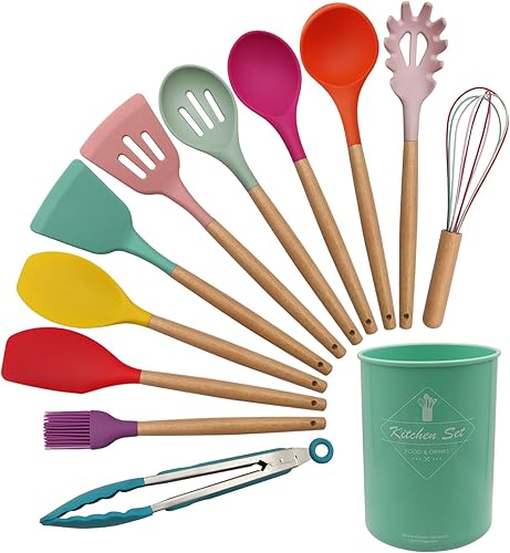 Ismosm Juego de 12 utensilios de cocina de silicona con asas de madera maciza y un cubo de soporte (multicolor)