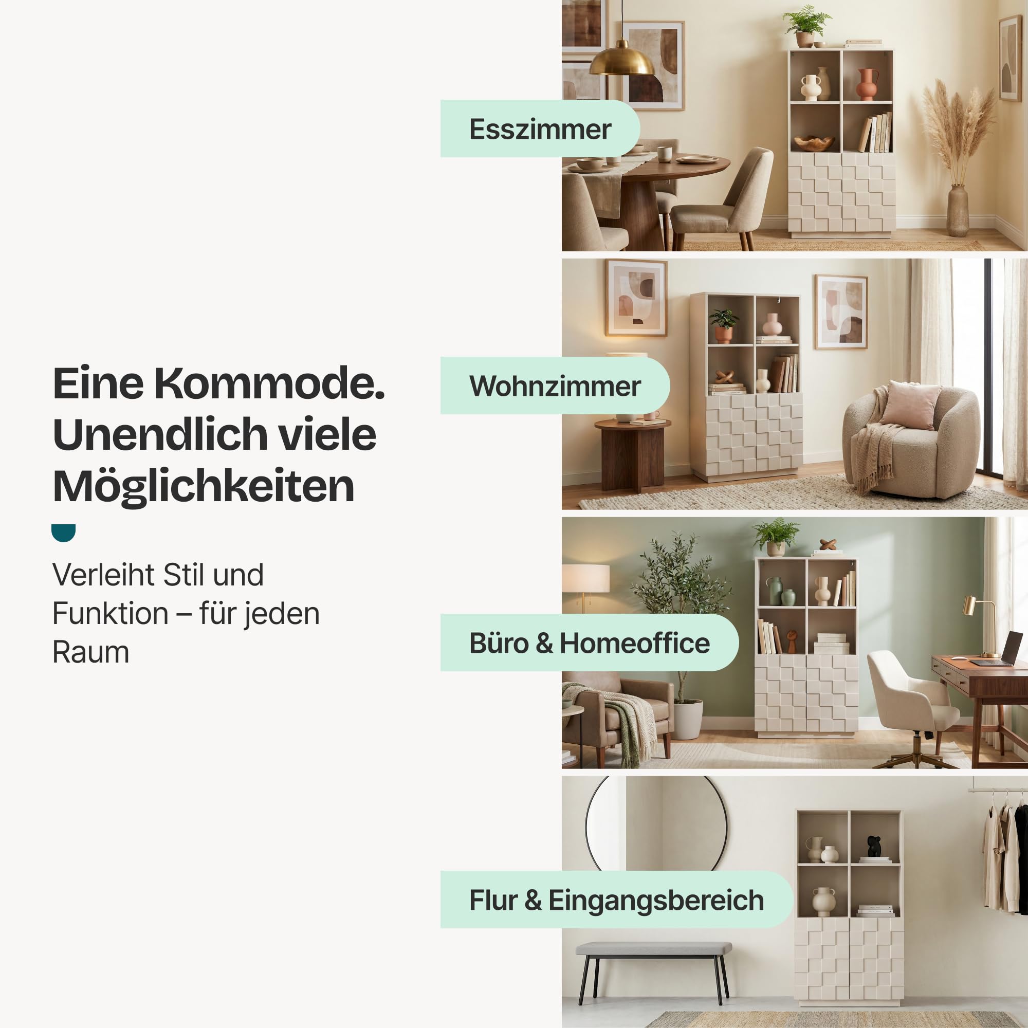 [en.casa] Highboard Wohnzimmer Bopibobro Hochschrank mit 2 Türen 3D-Front Büroschrank 4 Fächer 118 x 64 x 30 cm Kommode Beige