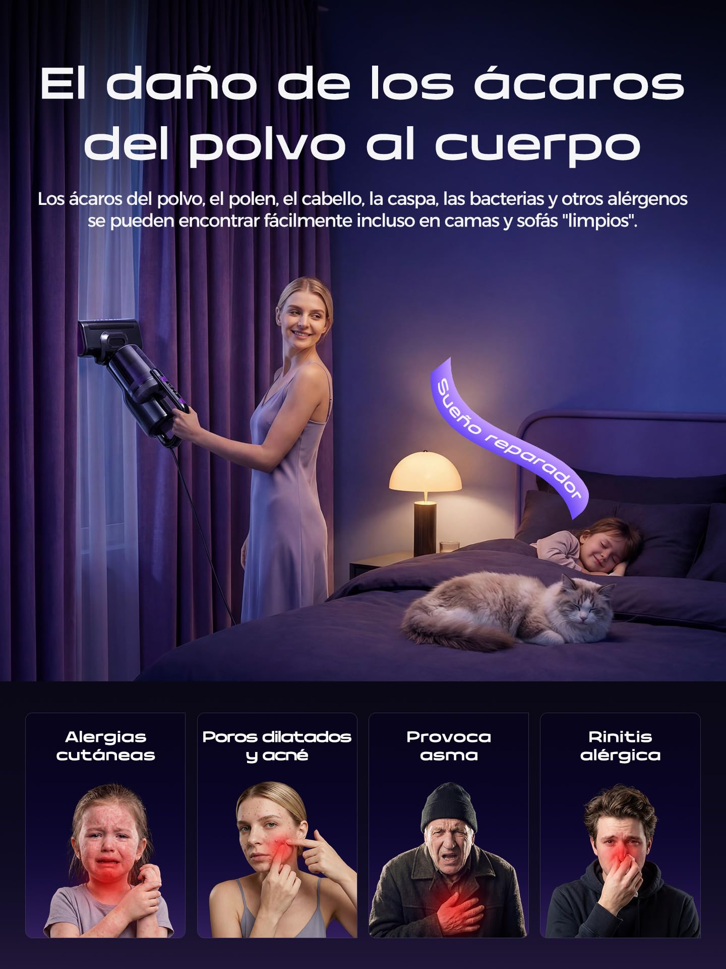 Aspiradora Antiacaros,14000PA Aspiradora de Mano con Luz UV-C,Aire Caliente,Ultrasonidos y Filtro HEPA, Aspirador para Colchón, Sofá, Tapicería y Alfombras, Alérgicos, Mascotas y Bebés–Cable 4 Metros