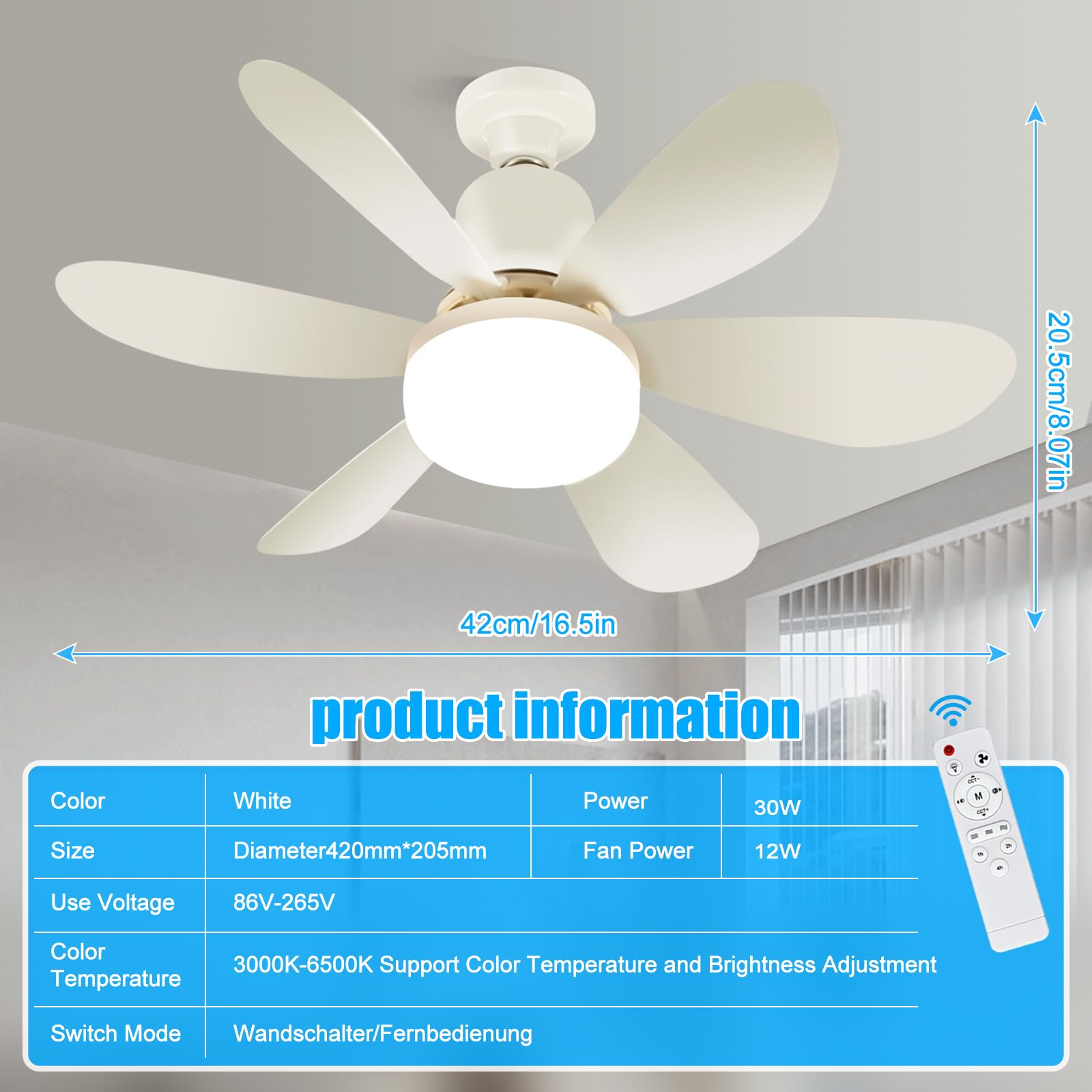 Ulikey Ventilatore da Soffitto con Luce, 40W Plafoniera Soffitto, 52CM LED Dimmerabile Ventola Soffitto, con Base E27, 3 Velocità, 6 Pale, Timer, Silenziosa, per Soggiorno, Lamera da Letto