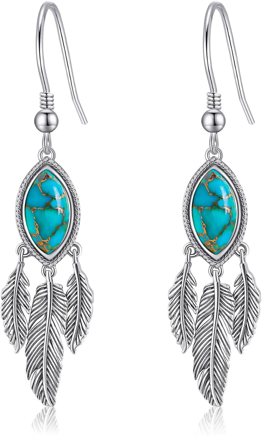 AVECON Feather Dangle Earrings for Women 925 Sterling Silver Earrings Teal Turquoise/Turquoise/Labradorite/Moonstone Drop Earrings with Feather Boho Vintage Leaf Hook Earrings Western Jewelry Gifts