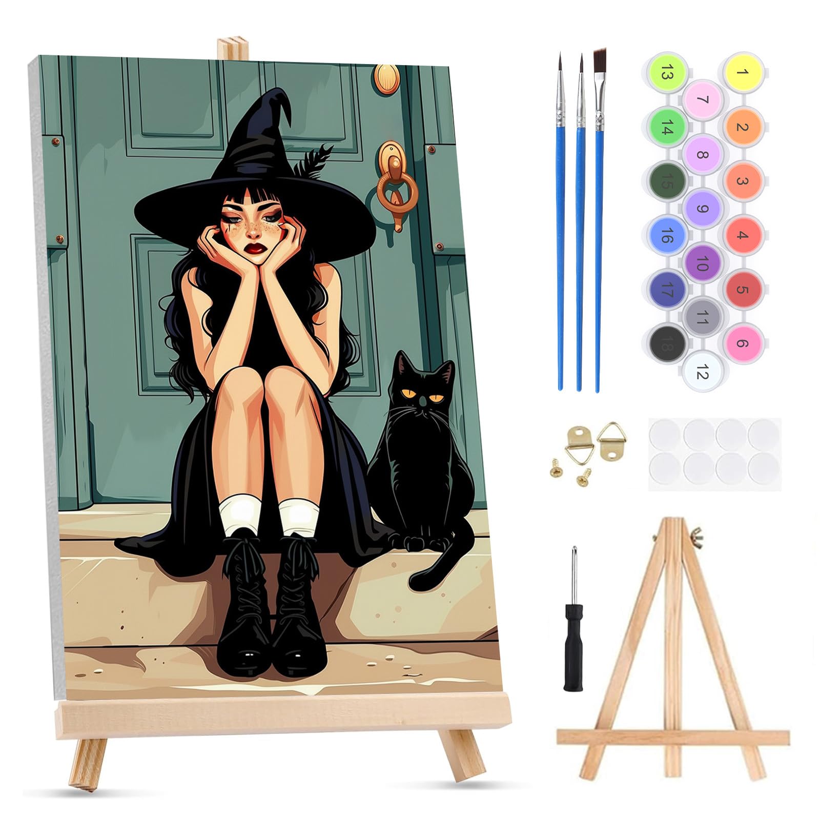 QENSPE Paint by Numbers for Adults on Framed Canvas - with Wooden Easel, Witch Painting by Number Kit for Beginners, DIY Black Cat Acrylic Oil Painting for Home Wall Decor 8x12 Inch