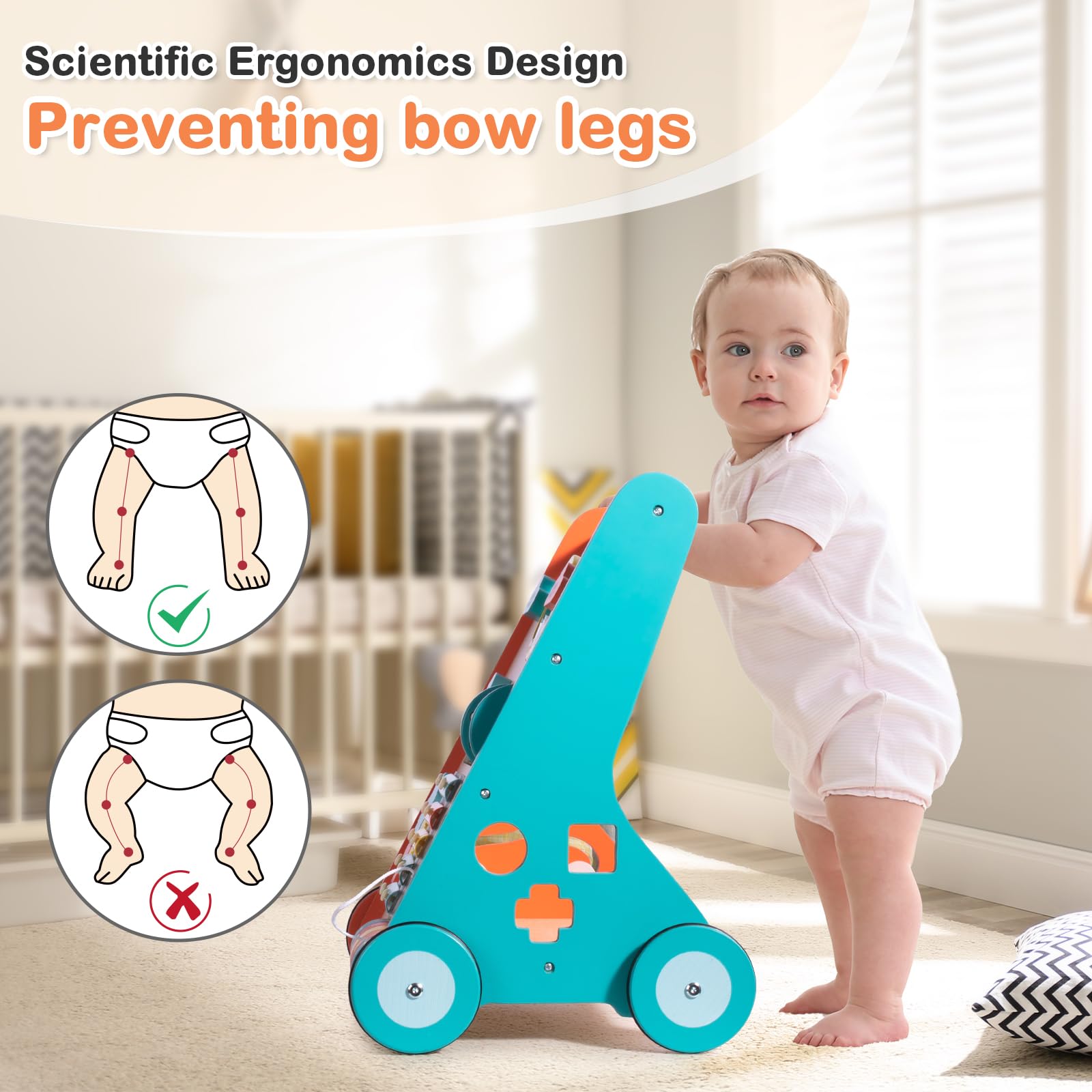 Wooden Baby Walker with Wheels, Walker for Baby Boys 6-12 Months Push Toy, Sit to Stand Activity Walker Learning to Walk