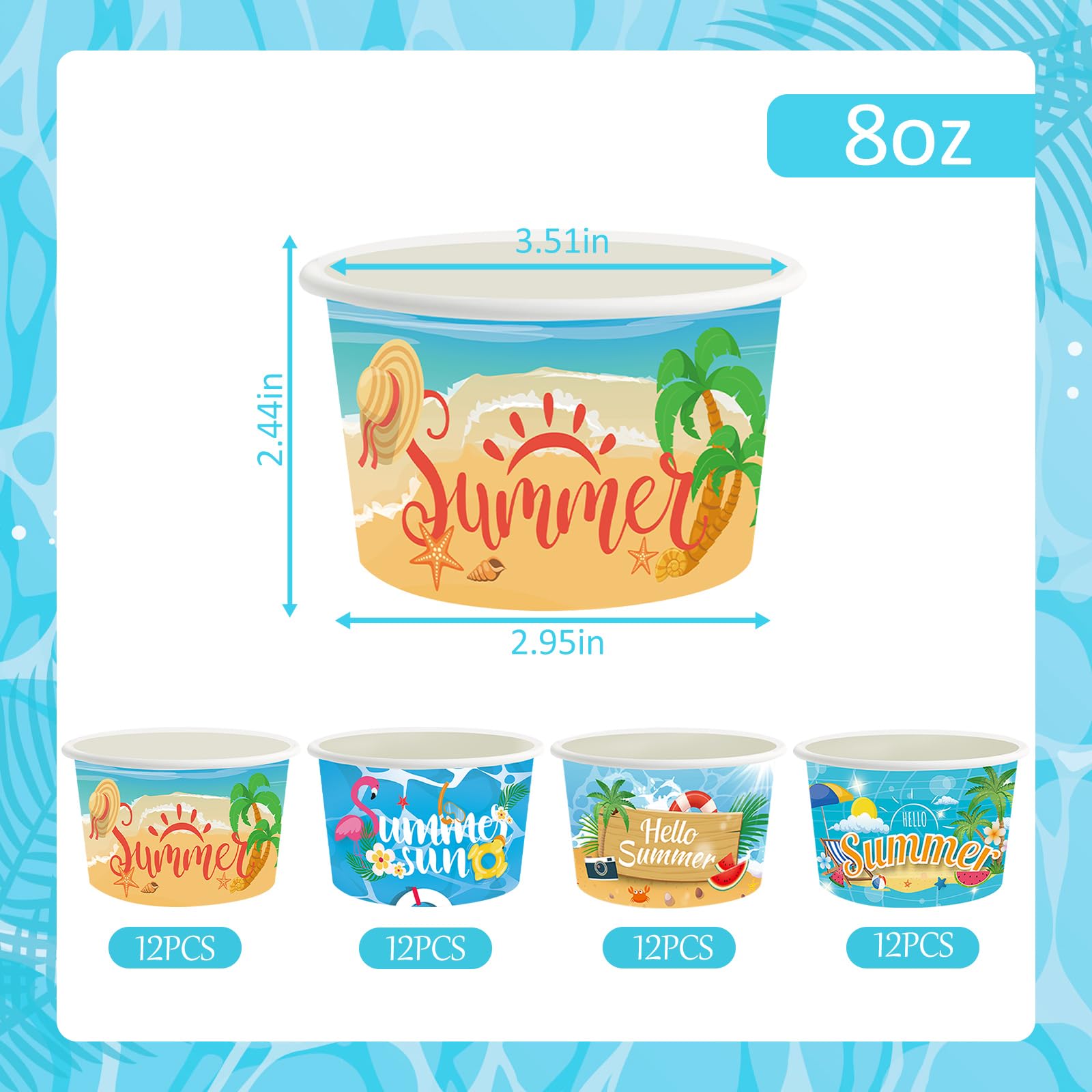 CIEOVO 48 Packs 9 oz Summer Party Paper Ice Cream Cups Disposable Summer Bowls Snack Cups Containers Dessert Bowls for Yogurt Soup Snack Hot Cold Food Summer Beach Theme Party Decoration