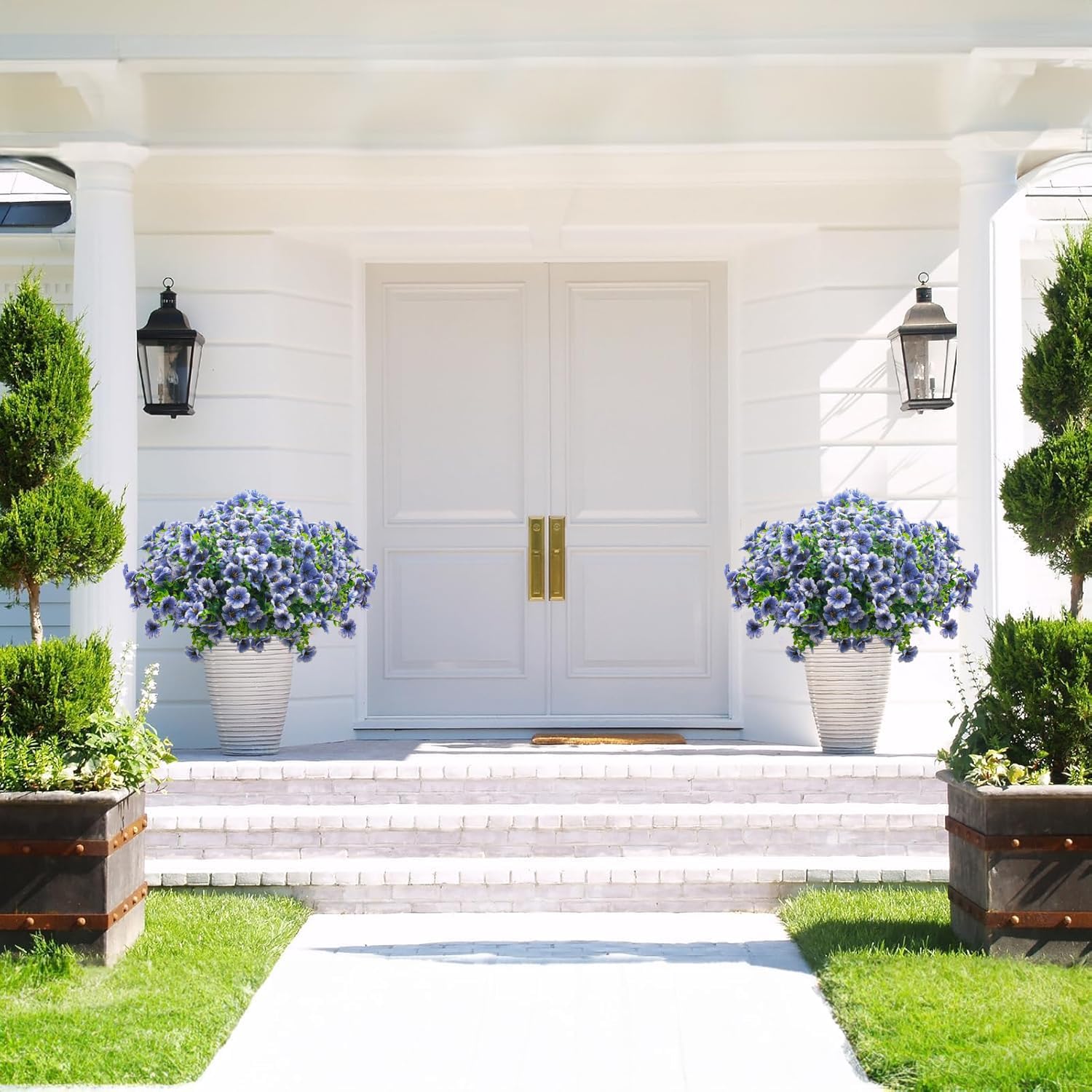 Artificial Fake Flowers for Outdoor Spring Decoration, 16 Bundles Faux Silk Colorful Daisy UV Resistant Realistic for Outside Porch Patio Home Yard Garden Planters Pots Window Box (Blue) - Image 4