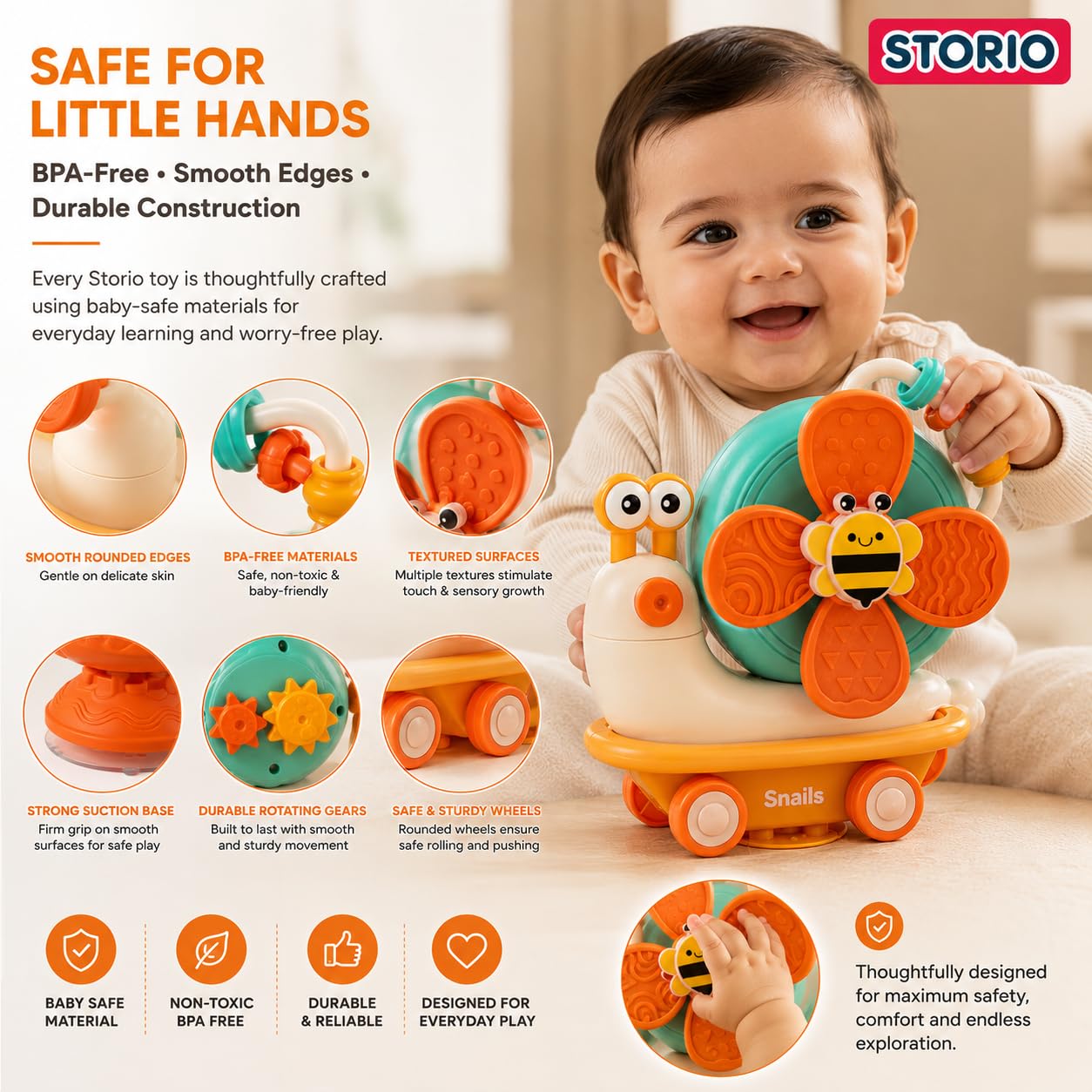 Storio 5-in-1 Baby Suction Spinner Toy, Interactive Learning Set with Rattle and Sensory Play, for 6+ Months Kids - Orange & Cream — Amazon image 7