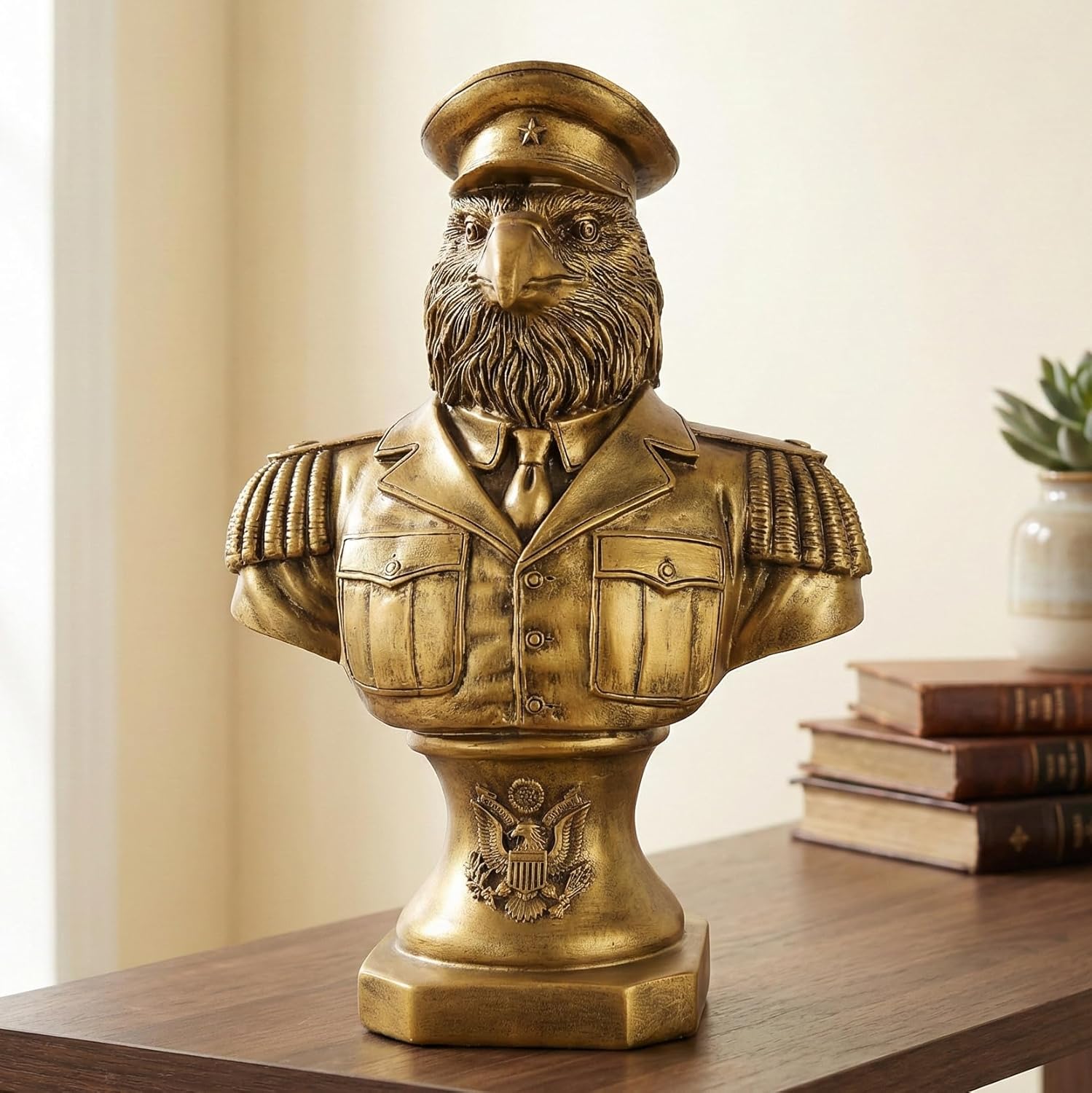 Patriotic Military Eagle Bust – Vintage Veteran Memorial Statue in Uniform – Army, Navy, Air Force Retirement Gift – Man Cave Decor-Vintage Gold