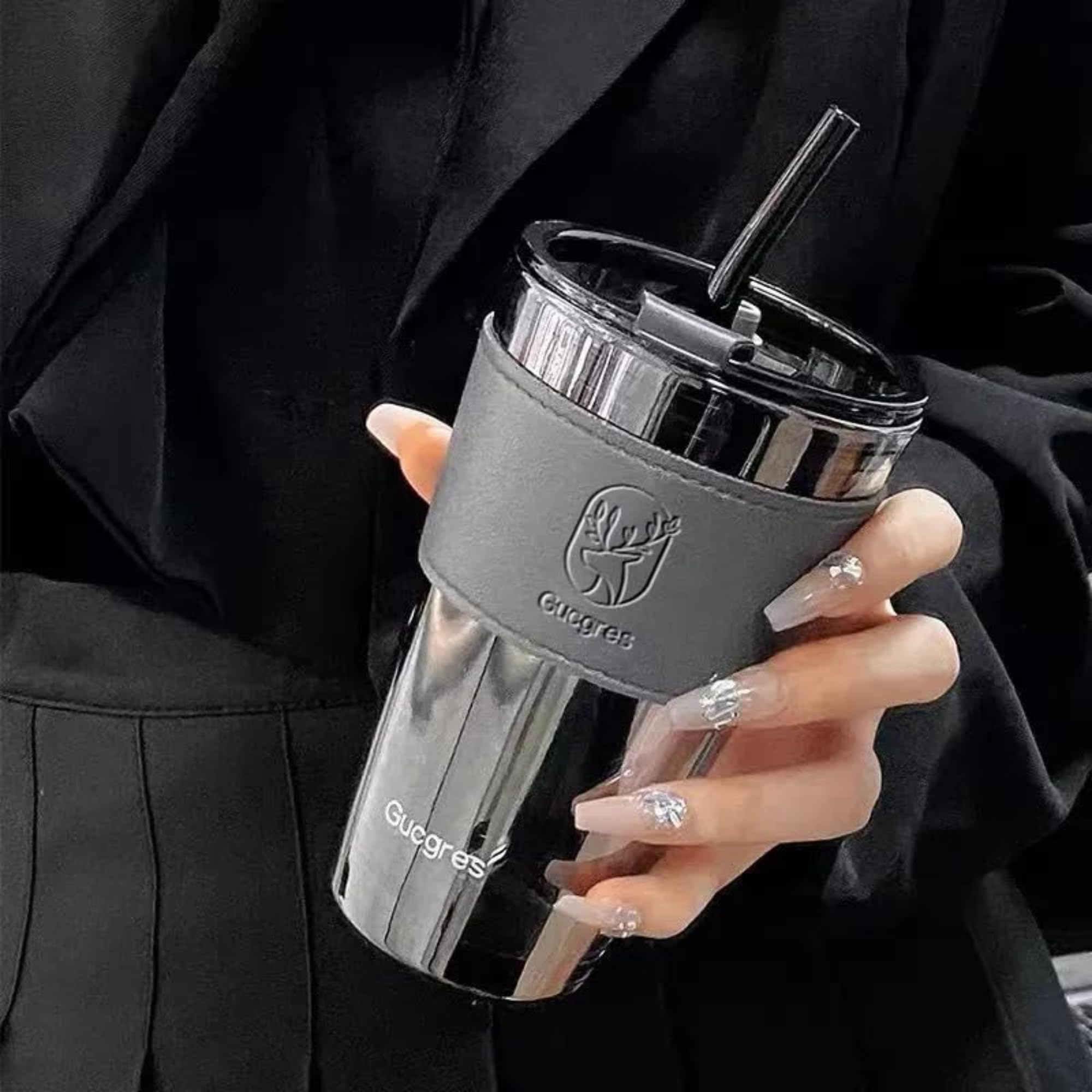 ADLIVIA Glass Tumbler Mug with Lid, Straw, and Leather Sleeve - Reusable Glass Sipper Cup for Coffee, Juice, Tea, Milk & Beverages - Travel-Friendly Leakproof Glass Mug-Black