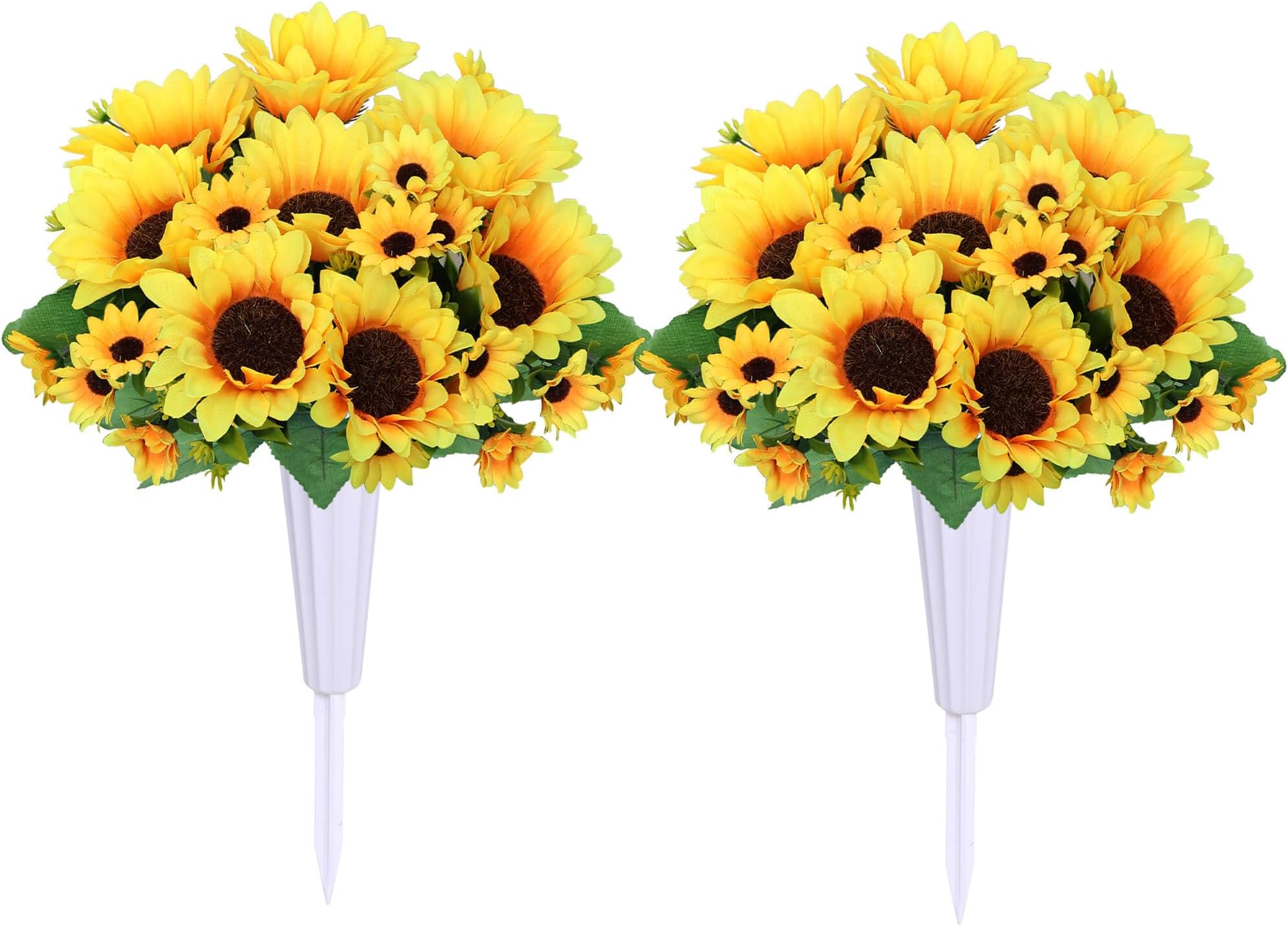 Artificial Cemetery Flowers for Grave Decorations - 4 Sunflower Bouquets with 2 Vases & Spikes - Lifelike Memorial Flowers for Cemetery Headstones Decoration ﻿ (Yllow)