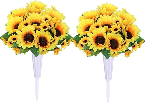 Artificial Cemetery Flowers for Grave Decorations - 4 Sunflower Bouquets with 2 Vases & Spikes - Lifelike Memorial Flowers for Cemetery Headstones Decoration (Yllow)