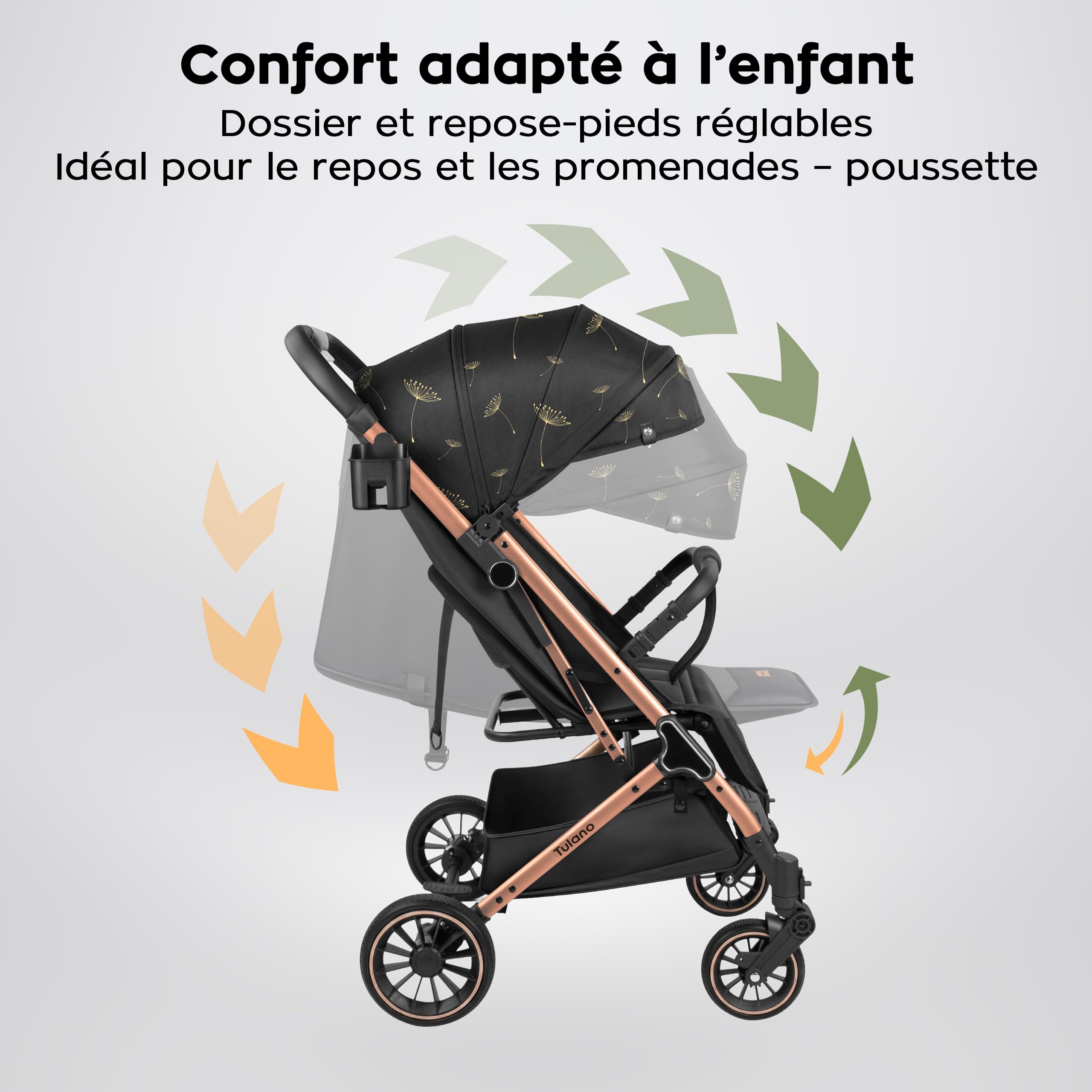 TULANO Lagos 35 Poussette Canne Compacte & inclinable - poussette bebe & voyage - Légère et Pliable - Jusqu'à 15 kg - Fonction Valise - Panier - Couvre-Jambes et Porte-Gobelet Inclus – Noir/Or